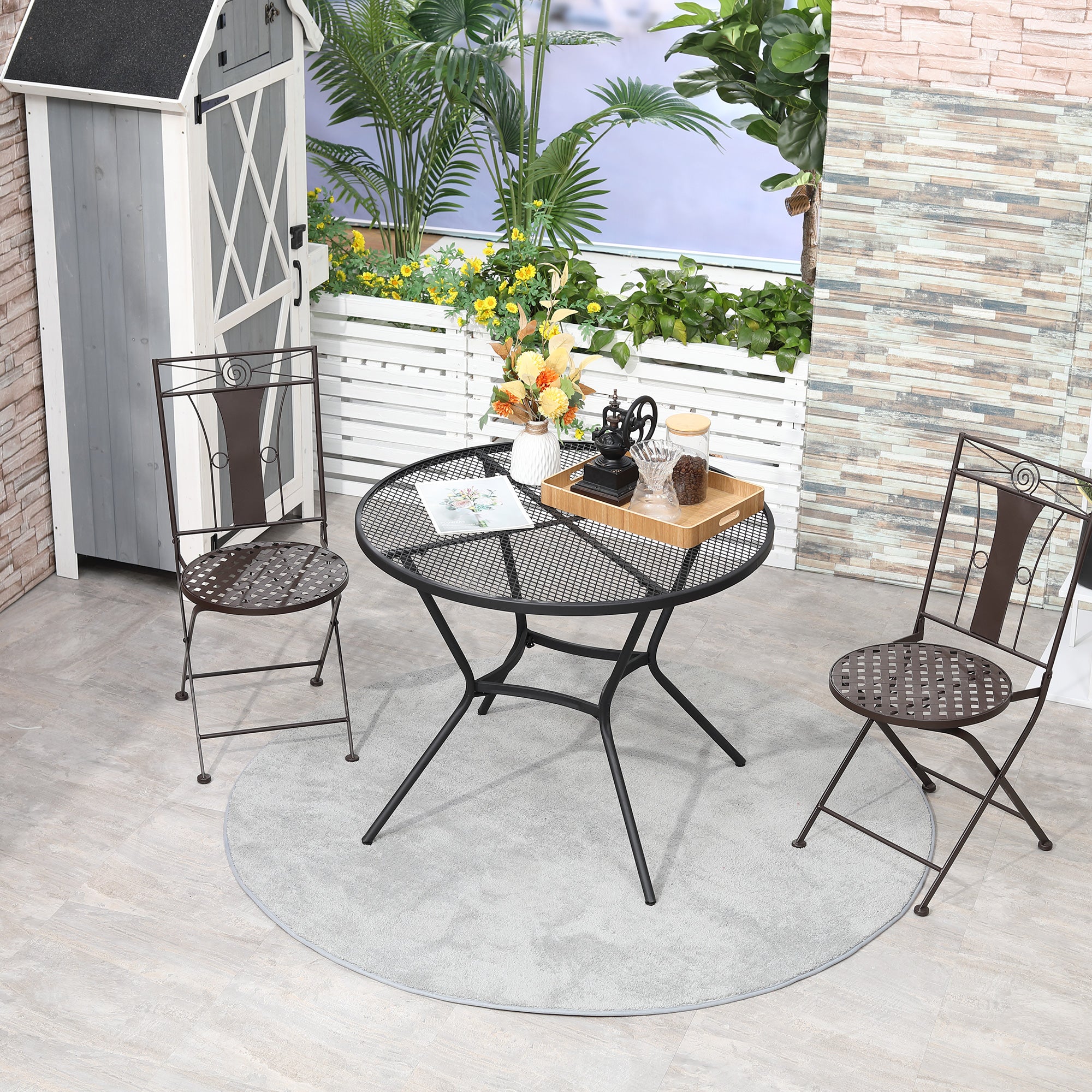 35" Round Outdoor Patio Bistro Dining Table, French Cafe Style, Conversation Space, Fast Drying Metal Mesh Tabletop for Garden, Backyard, Poolside, Black