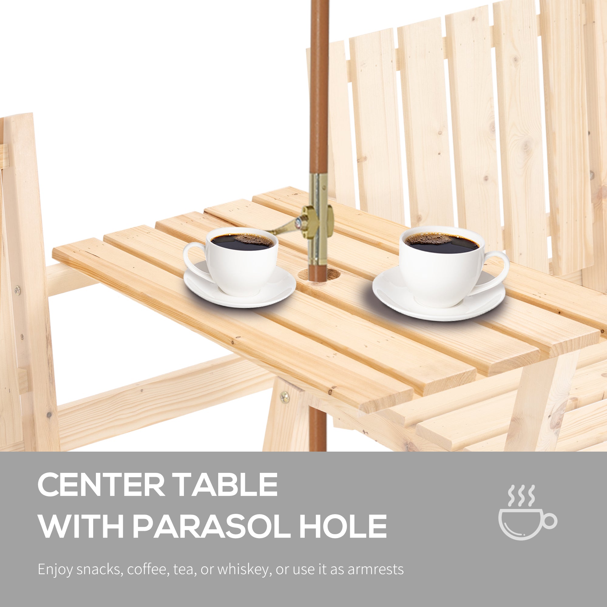 Patio Bench, Garden Bench with Middle Table and Umbrella Hole, Wooden Outdoor Bench for Patio, Porch, Poolside, Balcony, Natural