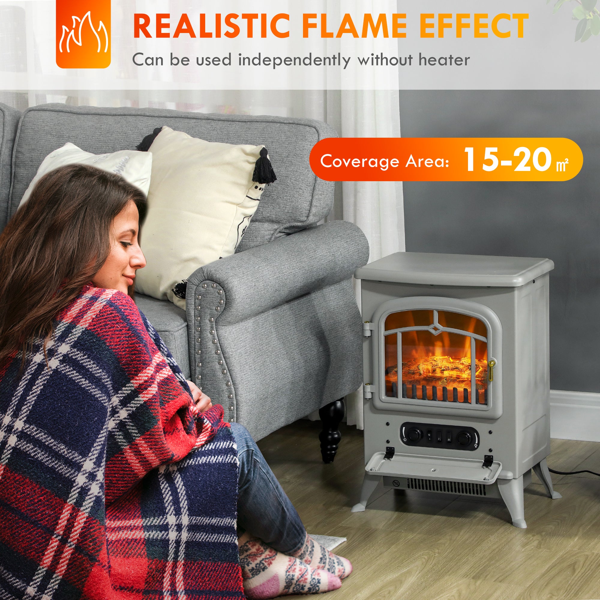 Fireplace Stove, Electric Fireplace Heater with Realistic LED Flames and Logs, 725W/1450W, Gray