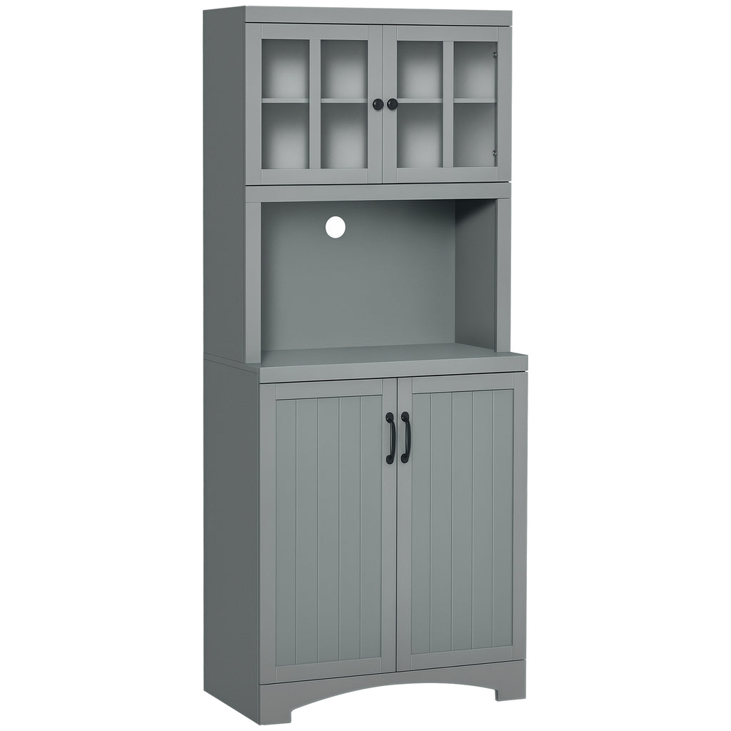 Storage Cabinet with Adjustable Shelves and Microwave Space, 70" Pantry Cabinet with Glass Framed Door, Gray