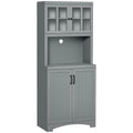 Storage Cabinet with Adjustable Shelves and Microwave Space, 70" Pantry Cabinet with Glass Framed Door, Gray
