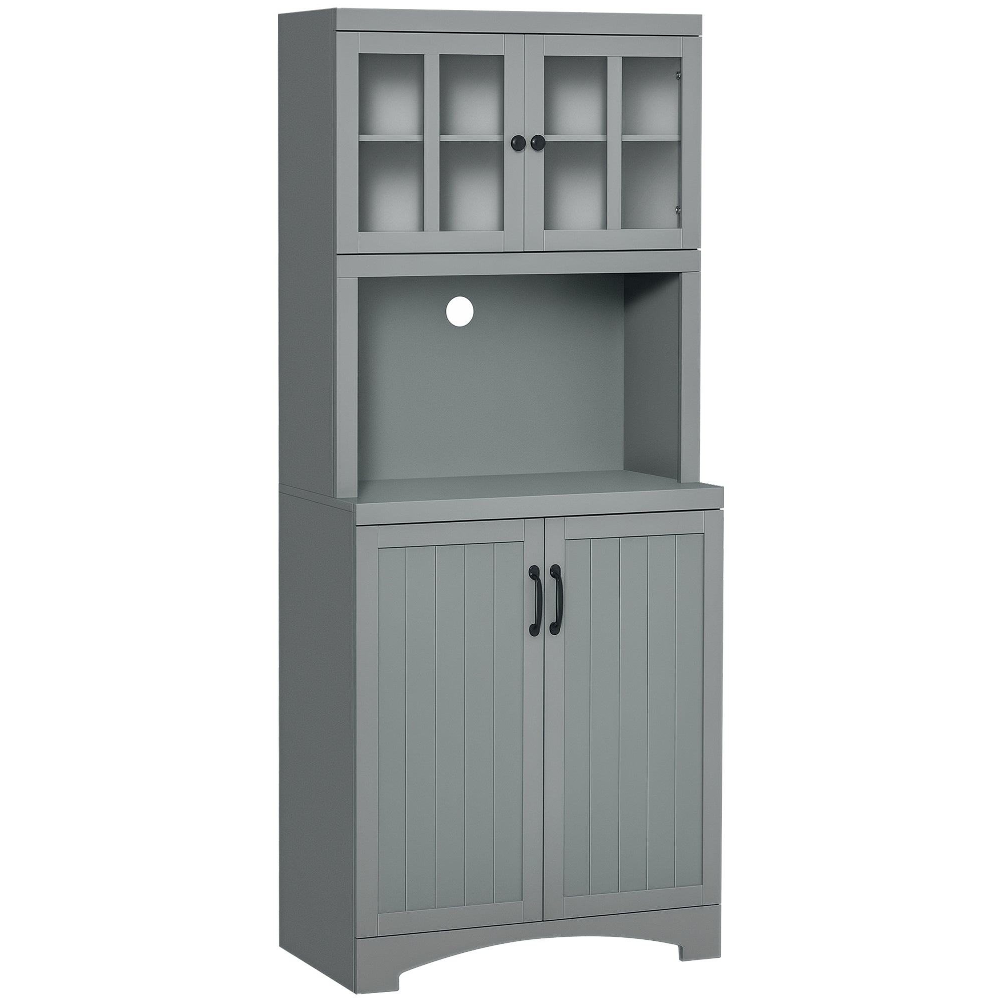 Storage Cabinet with Adjustable Shelves and Microwave Space, 70" Pantry Cabinet with Glass Framed Door, Gray