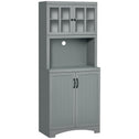 Storage Cabinet with Adjustable Shelves and Microwave Space, 70" Pantry Cabinet with Glass Framed Door, Gray