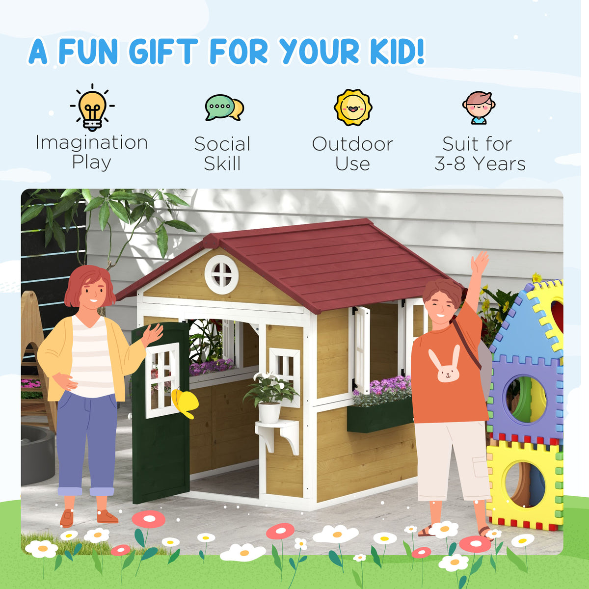 Wooden Playhouse for Kids Outdoor with Doors, Windows, Planter Pots and Boxes for Toddlers 3-8 Years, Beige