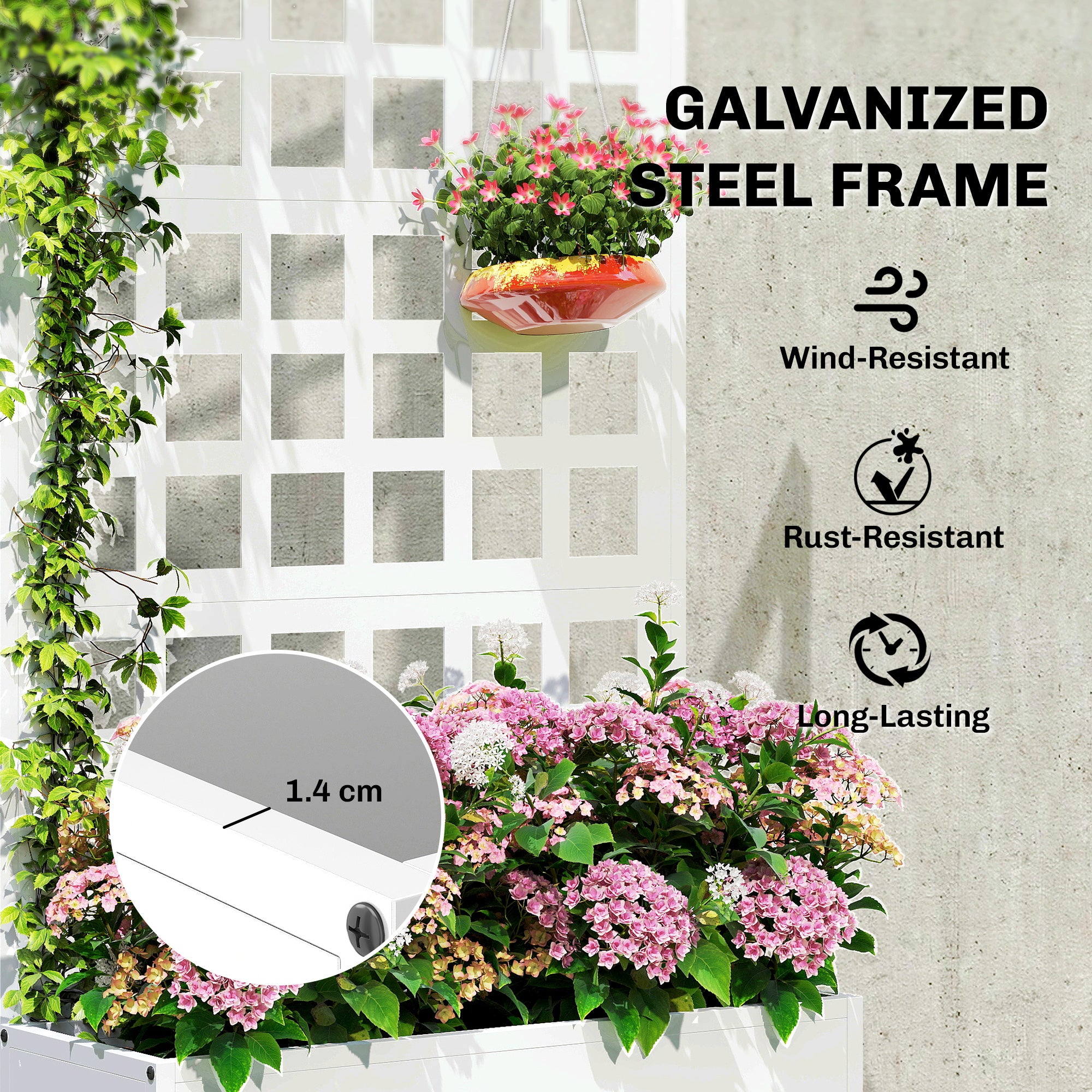 Galvanized Raised Garden Bed Planter Box with Trellis for Climbing Plants, Vegetable, Vines, 24" x 9" x 44.5", White