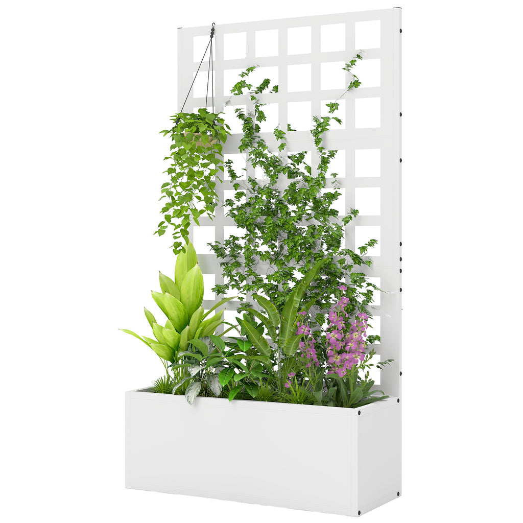 Galvanized Raised Garden Bed Planter Box with Trellis for Climbing Plants, Vegetable, Vines, 24" x 9" x 44.5", White