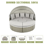 Round Rattan Patio Daybed with Retractable Canopy and Table, Versatile Sunbed with Separate Garden Seating, 66.5" L x 65" W x 53.5" H, Gray
