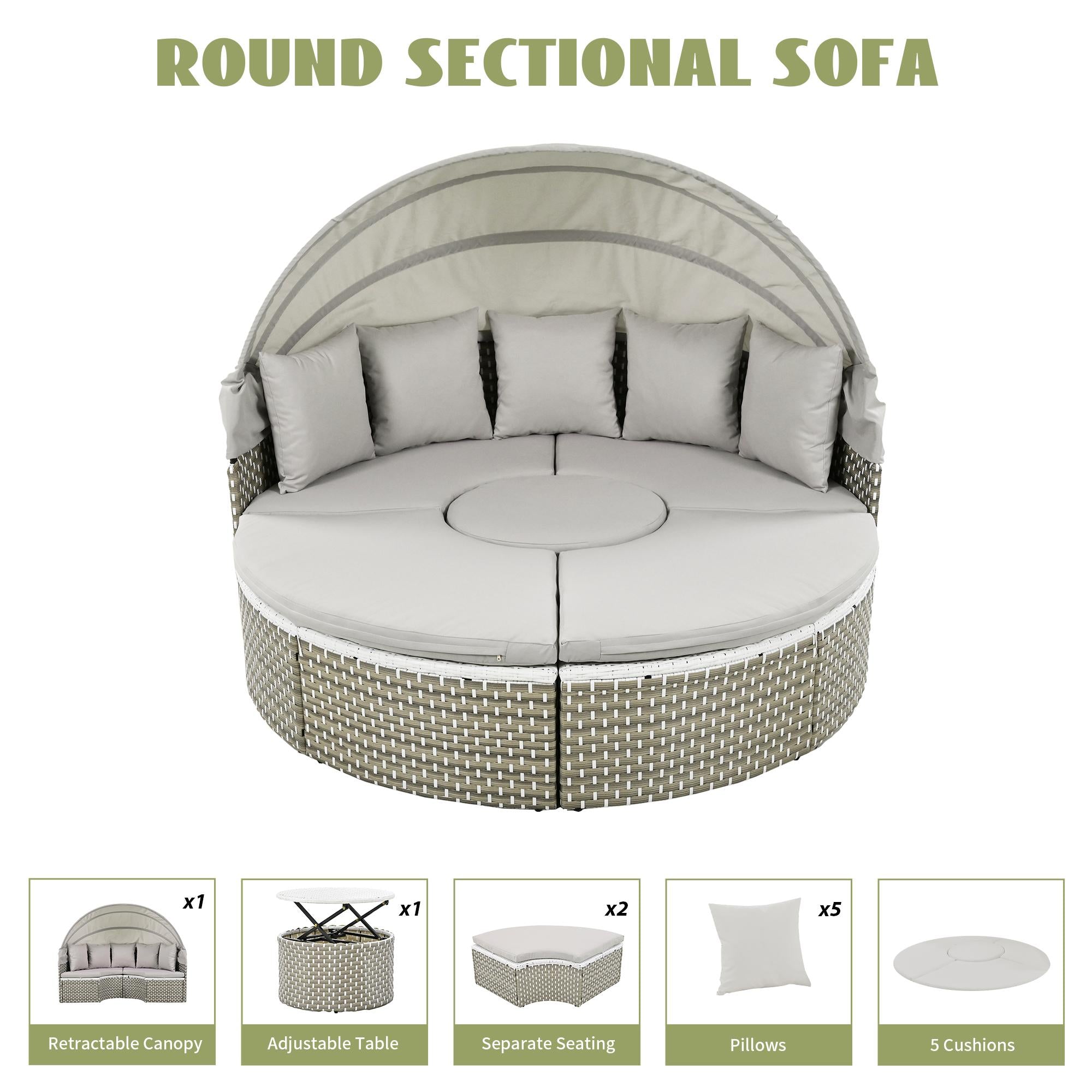 Round Rattan Patio Daybed with Retractable Canopy and Table, Versatile Sunbed with Separate Garden Seating, 66.5" L x 65" W x 53.5" H, Gray