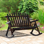 Wooden Porch Rocking Chair, Wood Double Adirondack, Rocker for Indoor or Outdoor with High Rise Slatted Back, Carbonized
