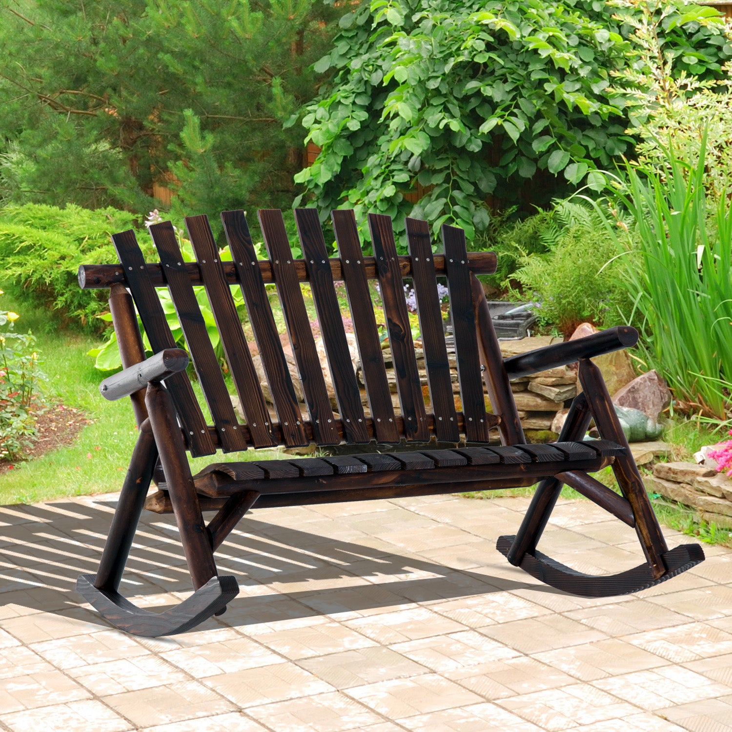 Wooden Porch Rocking Chair, Wood Double Adirondack, Rocker for Indoor or Outdoor with High Rise Slatted Back, Carbonized