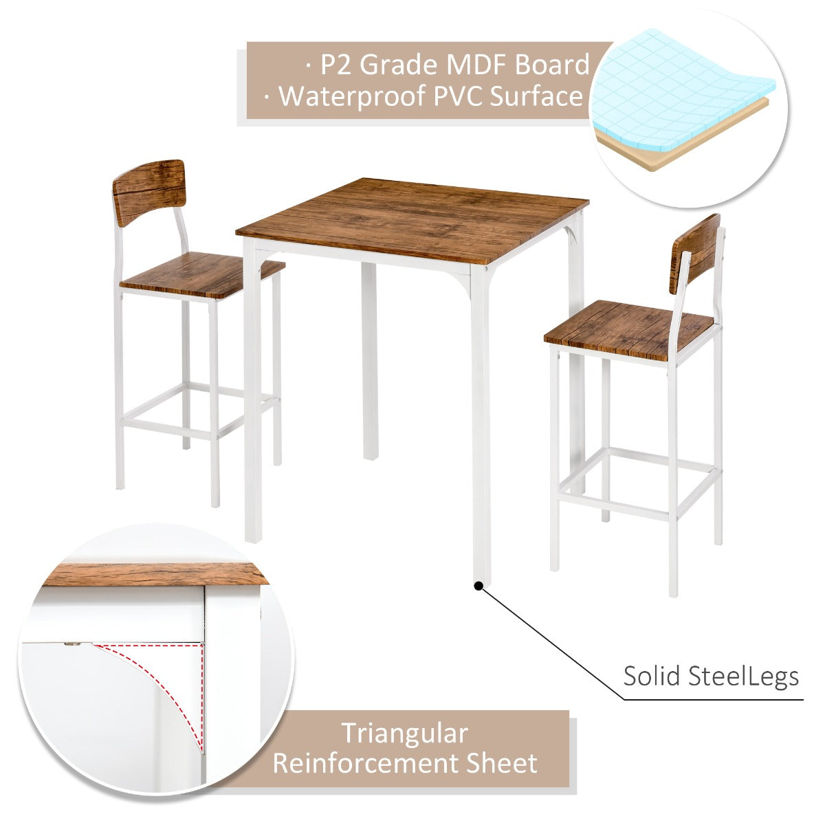 3 Piece Industrial Counter Height Dining Table Set, Bar Table & Chairs with Steel Legs & Footrests, White