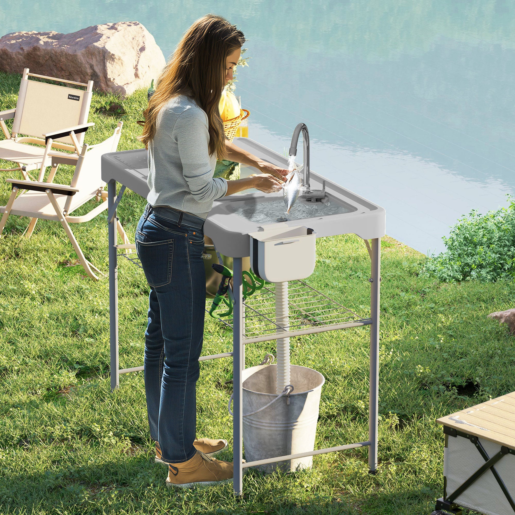 Folding Fish Cleaning Table with Sinks, Portable Camping Sink Table with Faucet, Drainage Hose, Sprayer, Shelf, Drawer and Storage Basket, Outdoor Fillet Table for Picnic Beach Patio, Gray