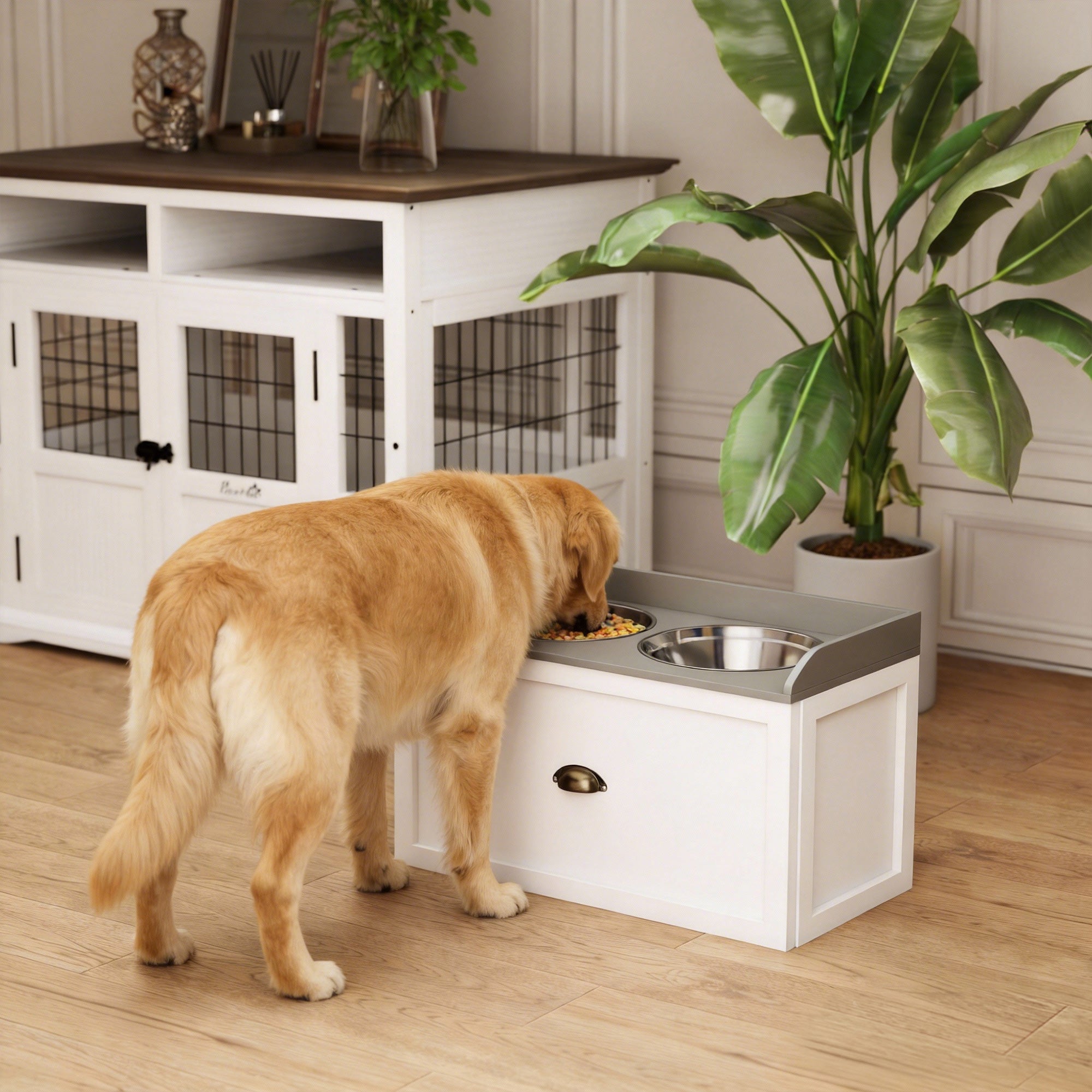 Pet Feeding Station Pet Dish Bowl Set with Storage, 2 Elevated Dog Bowls for Large Sized Dogs, White