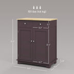 Kitchen Storage Cabinet, Sideboard Floor Cupboard with Solid Wood Top, Adjustable Shelf, and 2 Drawers, Coffee