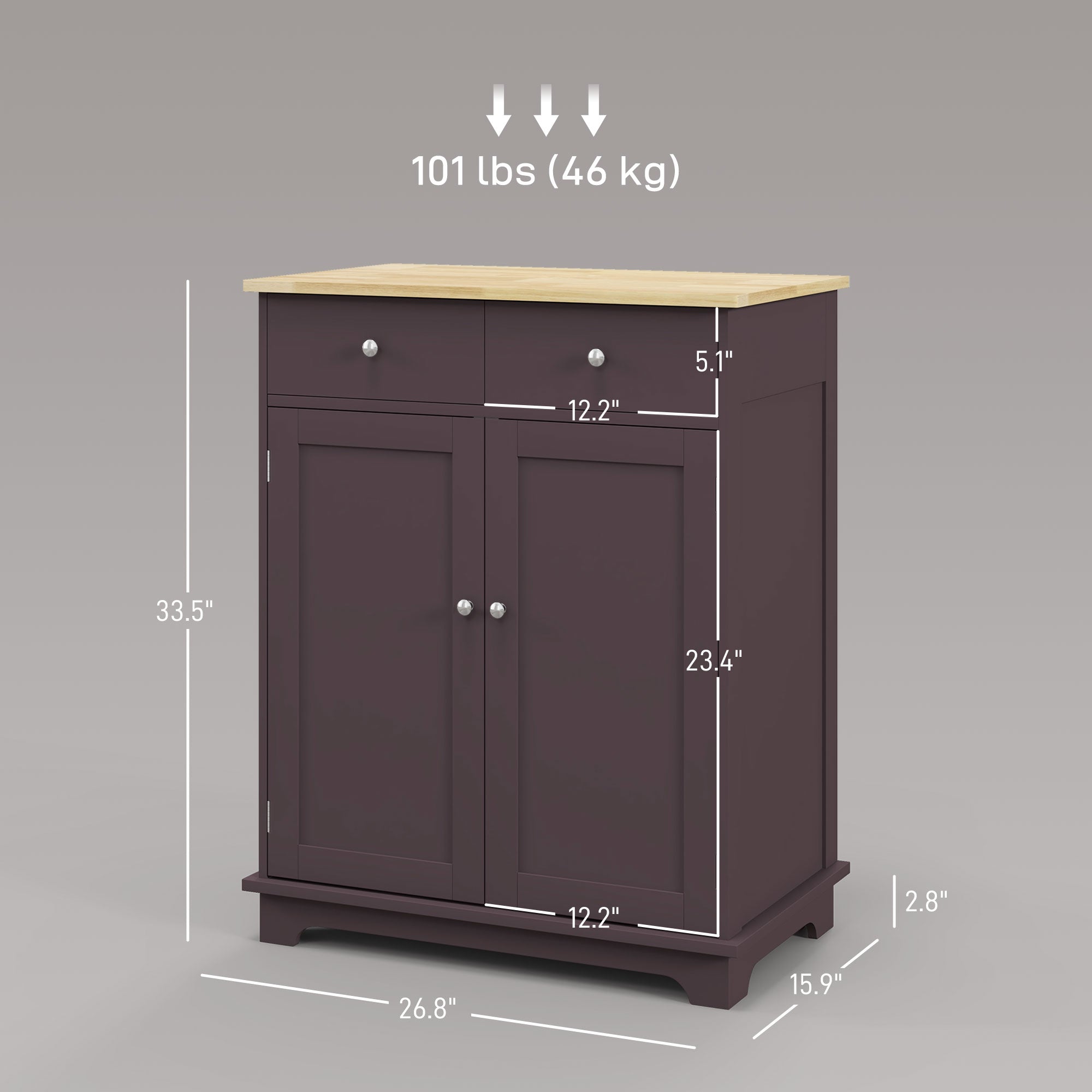 Kitchen Storage Cabinet, Sideboard Floor Cupboard with Solid Wood Top, Adjustable Shelf, and 2 Drawers, Coffee