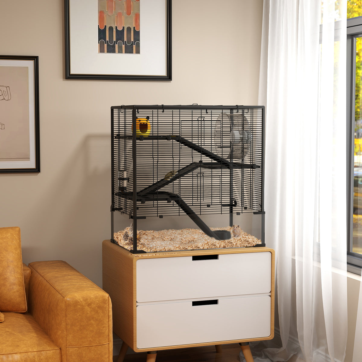 4 Tier Hamster Cage with Deep Tempered Glass Bottom, Running Wheel, Hut, Water Bottle, Food Dish, 31" x 19" x 31.5"