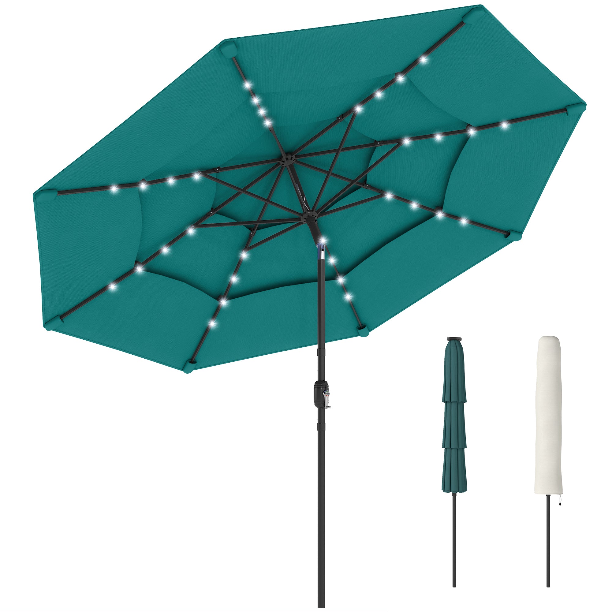 9.7 ft Outdoor Patio Umbrella with Solar LED Lights, 3 Tier Outdoor Table Umbrella with Tilt, Crank, Teal
