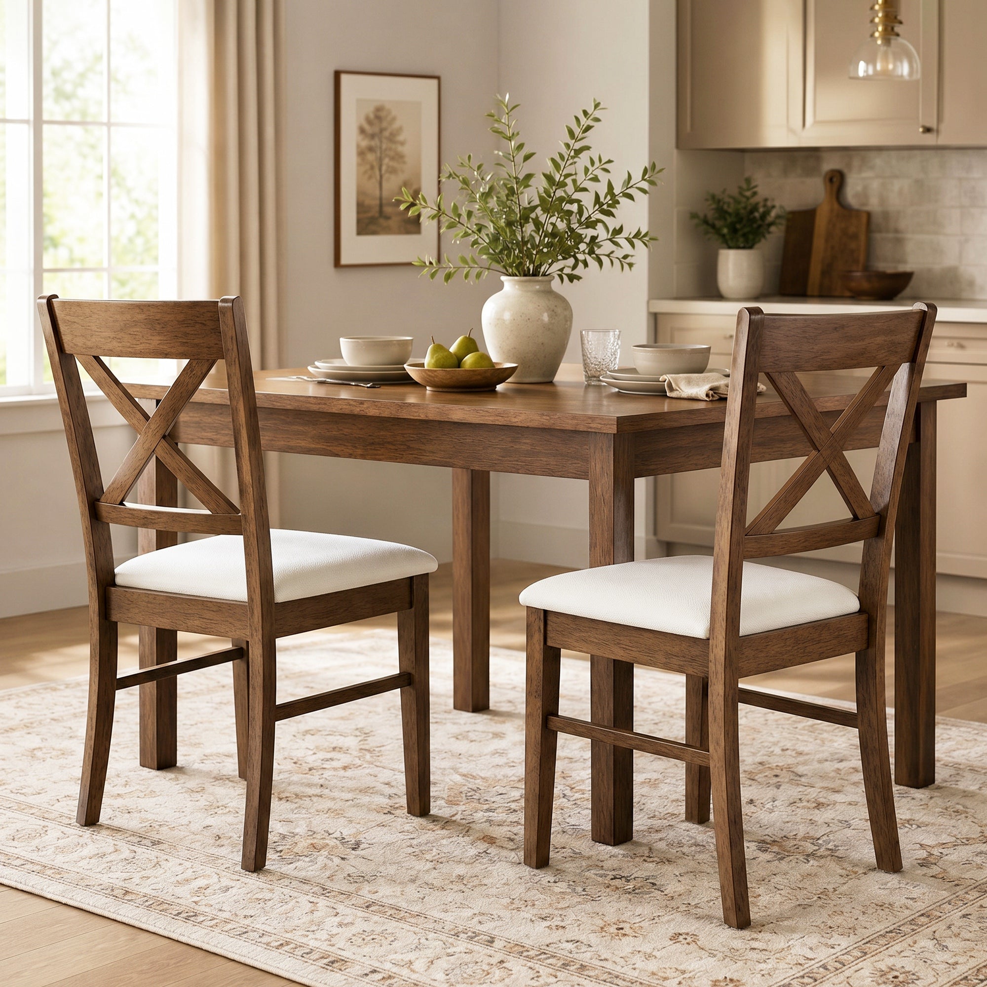 Dining Chairs Set of 2, Upholstered Kitchen Chairs with Rubberwood Frame, Padded Seat and X-Back, Walnut