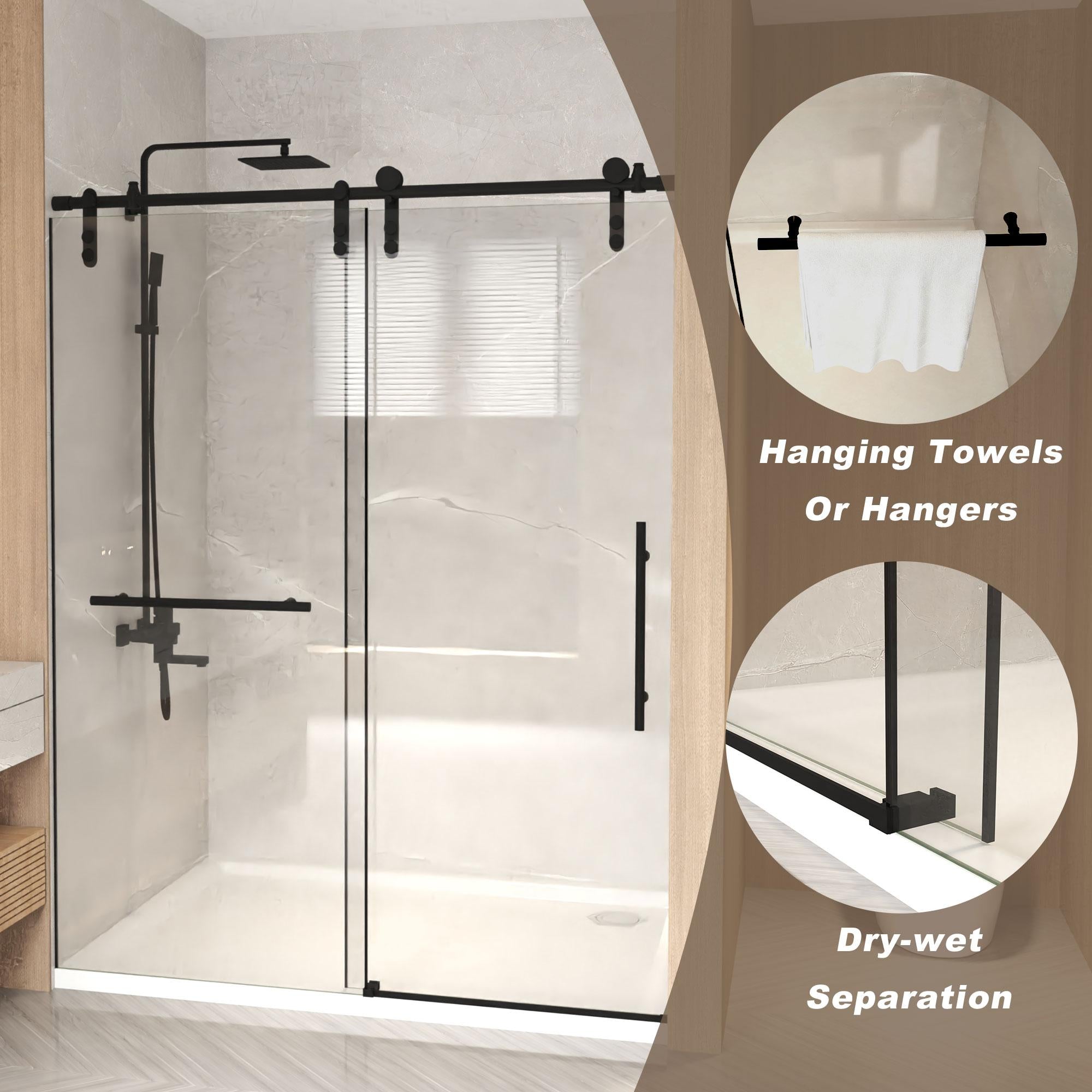 Sliding Shower Door with Waterproof Seals and Tempered Glass, Bathroom Door with Towel Bar Handle, 60" L x 0.5" W x 76" H, Matte Black