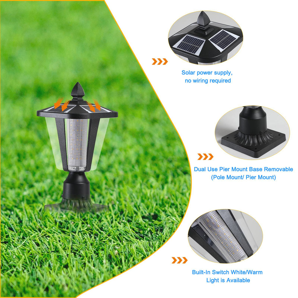 Solar Powered Outdoor Lantern with IP65 Waterproof, Modern Garden Light with LED for Pathways, Yards, 8" L x 8" W x 15" H, Black