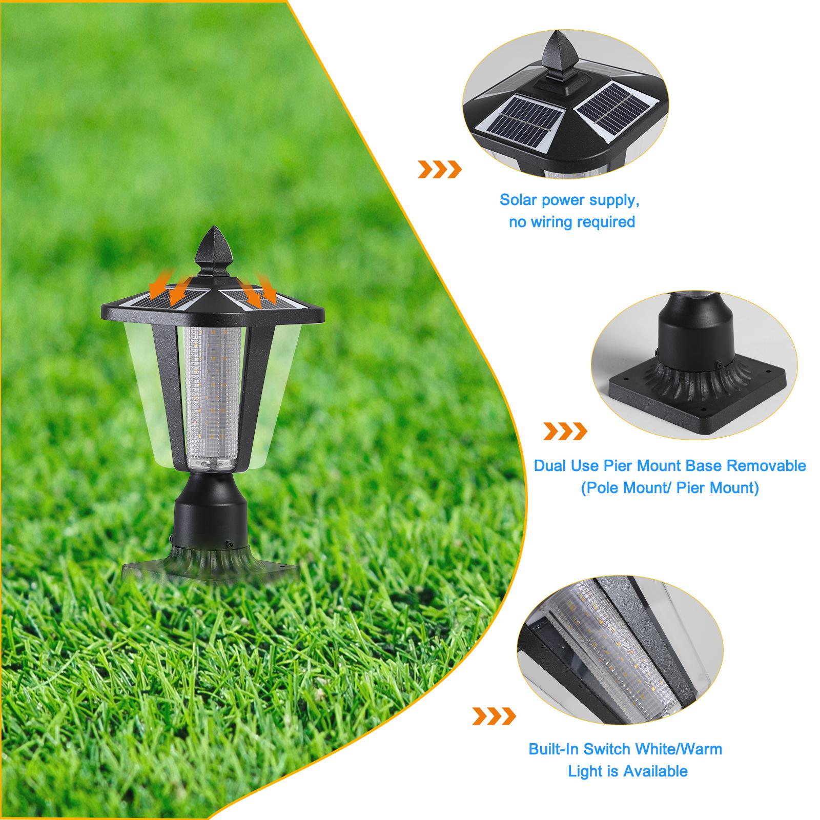 Solar Powered Outdoor Lantern with IP65 Waterproof, Modern Garden Light with LED for Pathways, Yards, 8" L x 8" W x 15" H, Black