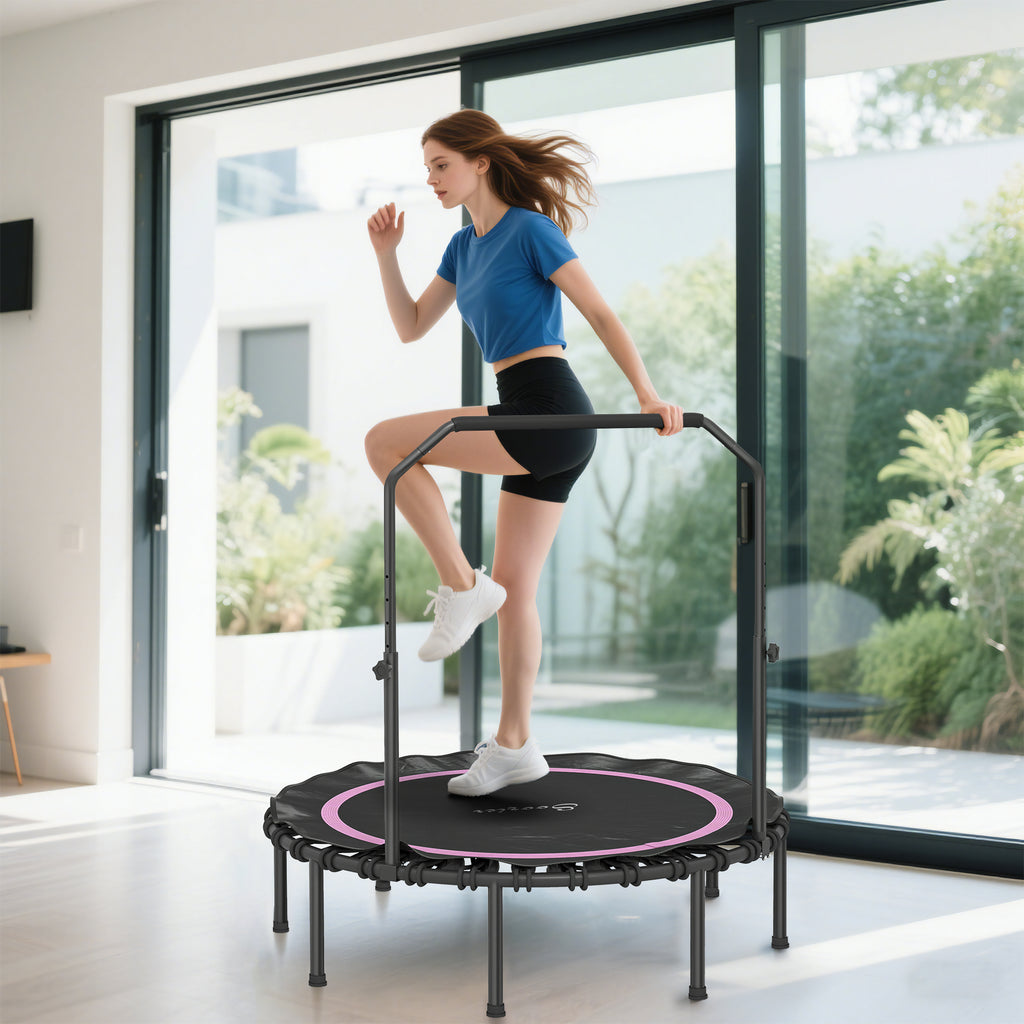 48" Rebounder Trampoline for Adults, Foldable Mini Trampoline with Adjustable Handle Bar for Indoor Outdoor, Pink