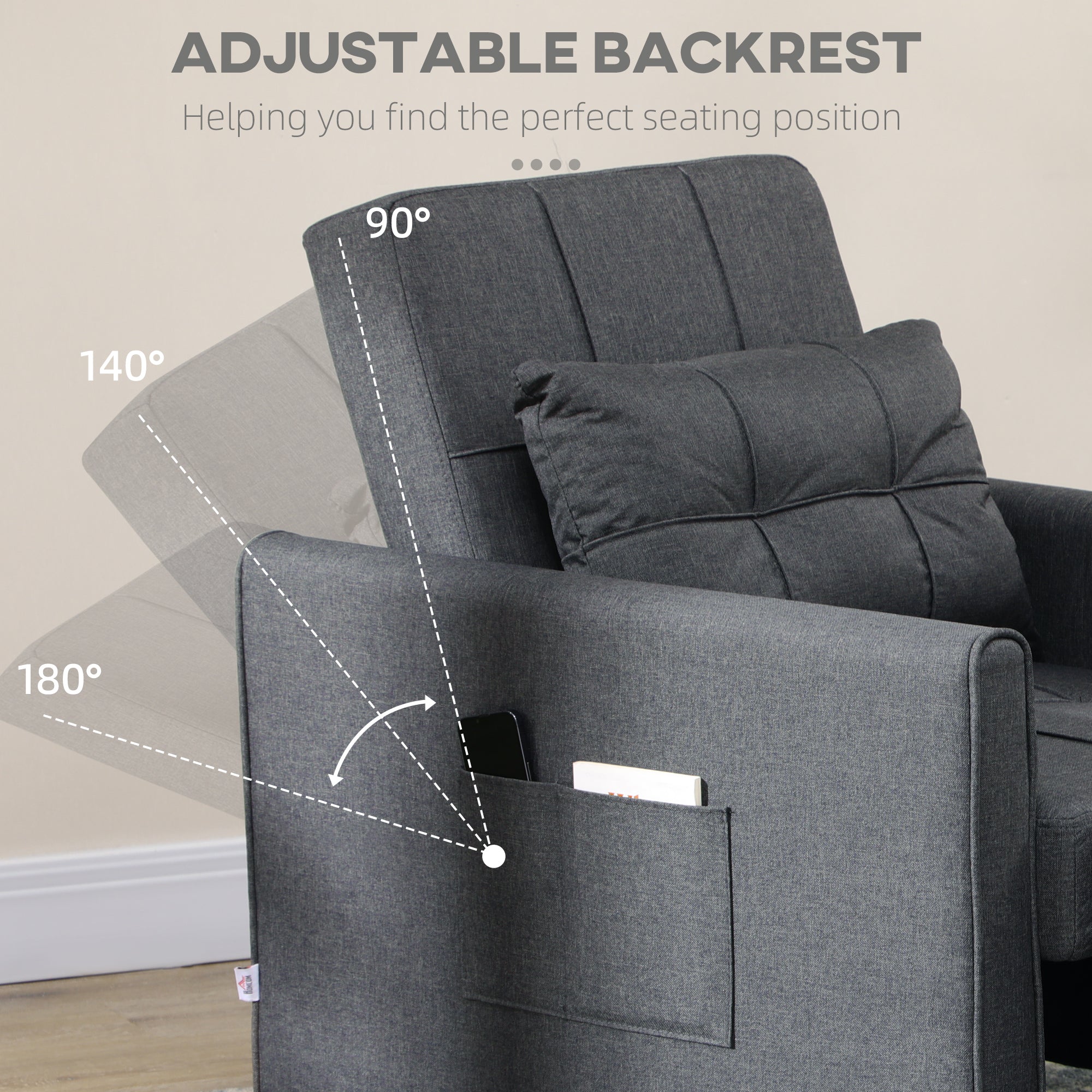 3-in-1 Convertible Chair Bed, Multi-Functional Single Sofa Bed, Pull Out Sleeper Chair with Adjustable Backrest, Pillow, and Pockets, Gray