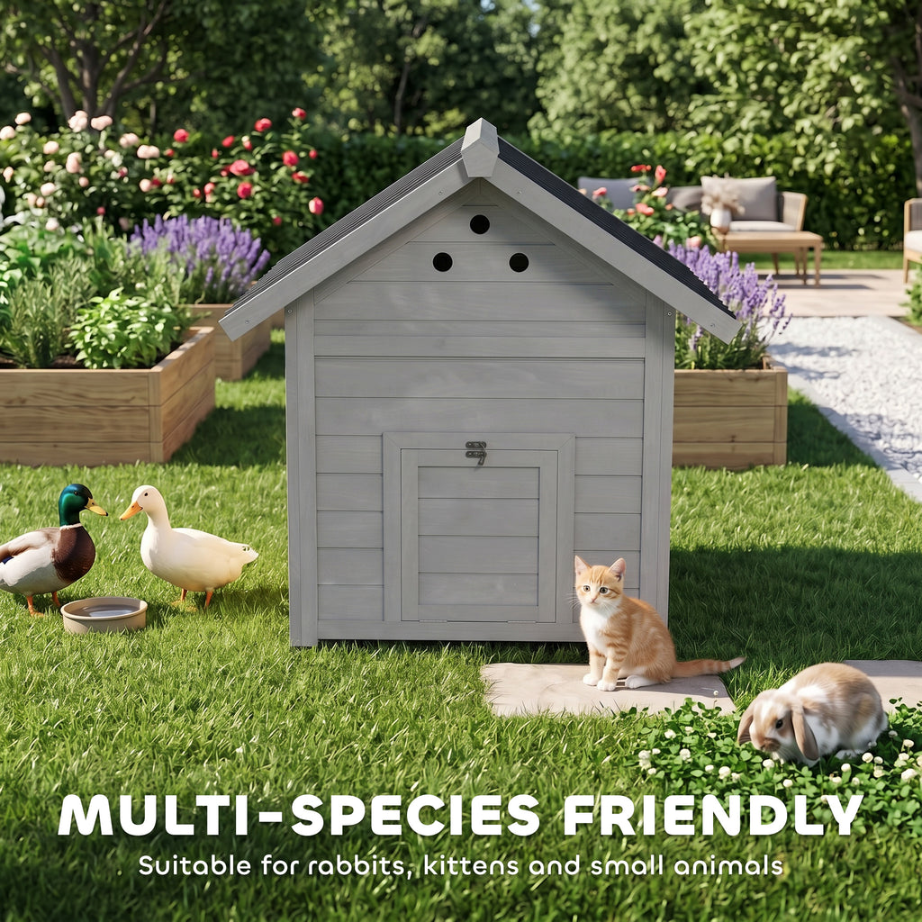 Duck Coop, Wooden Duck House with Openable Roof & Double Doors, Light Gray