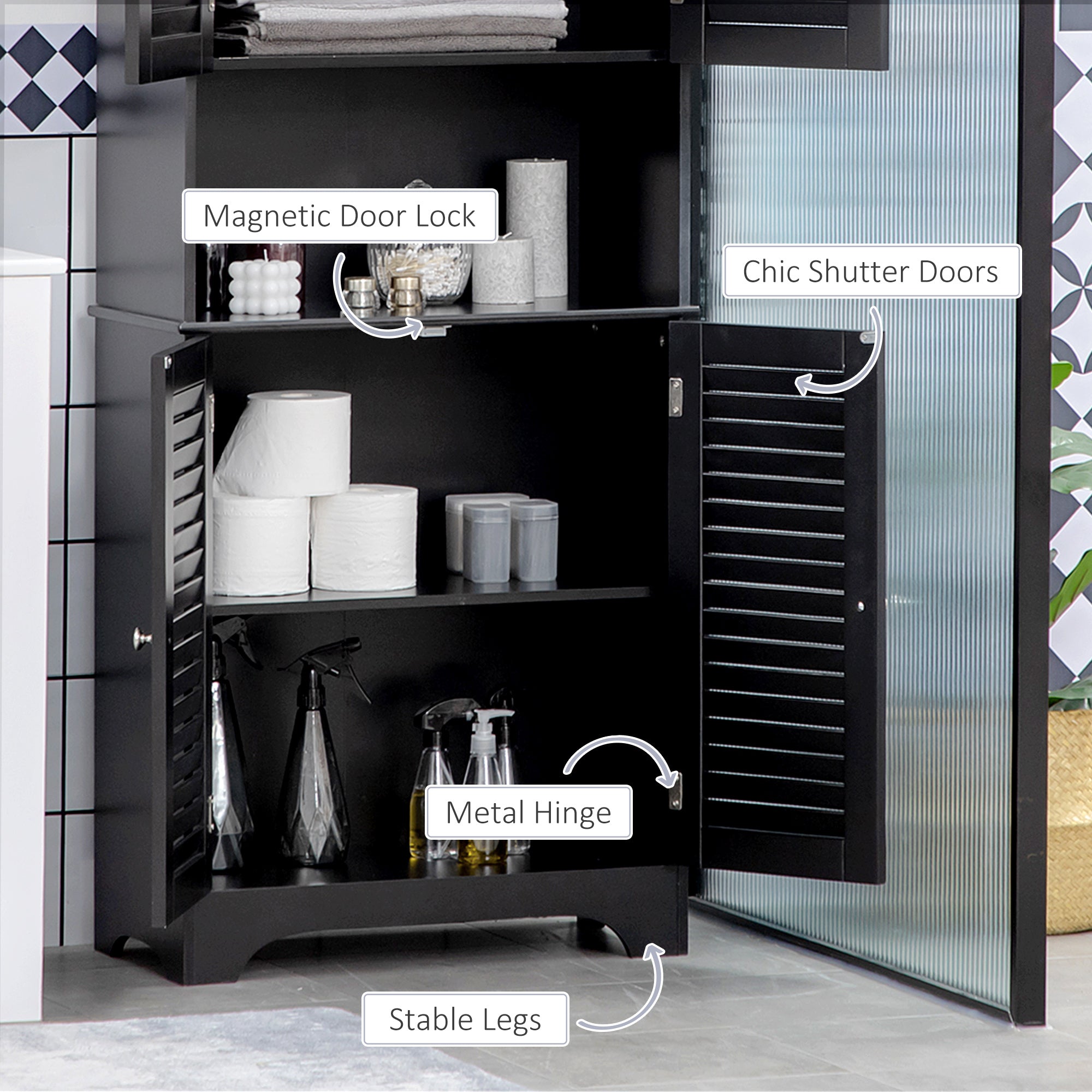 Tall Narrow Bathroom Storage Cabinet with Doors and Shelf Adjustability, Freestanding Linen Cabinet with 2 Cabinets and Countertop, Black