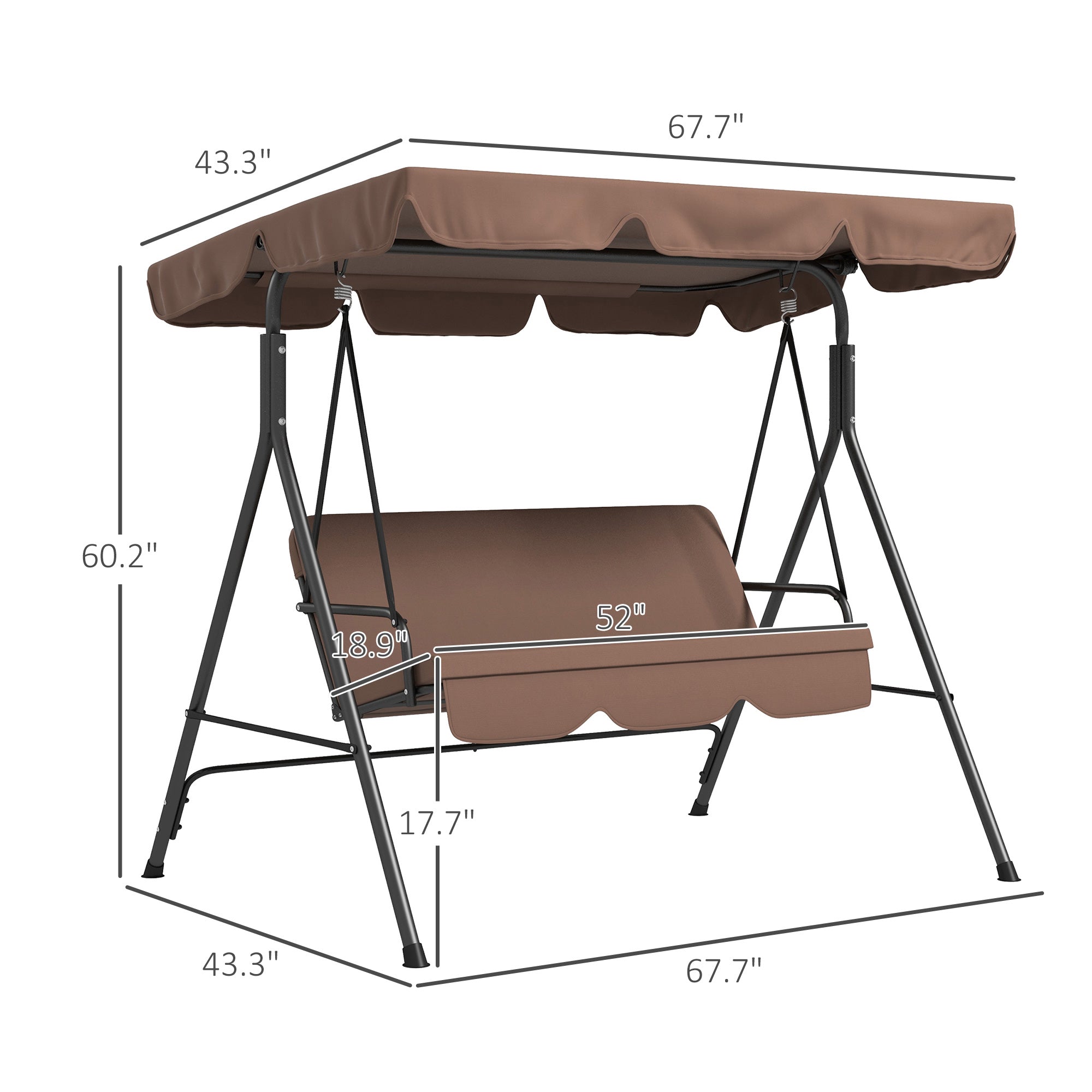 Large Family Swing Set, 3-Seat Adjustable Canopy Swing Bench with Cushion, Steel Frame Stand for Patio, Garden, Family Use, Brown