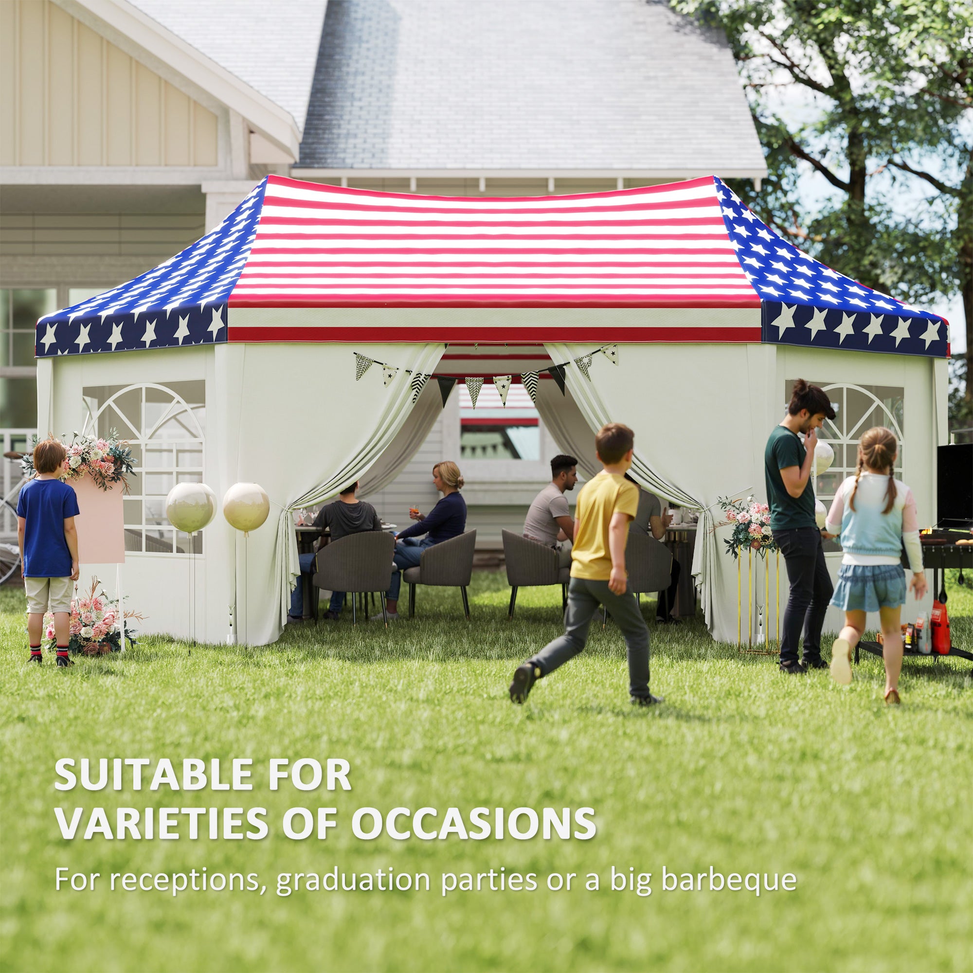 22.3 x 16.4 ft Heavy Duty Party Tent, Outdoot Canopy Tent with 2 Doors and 6 Windows, American Flag
