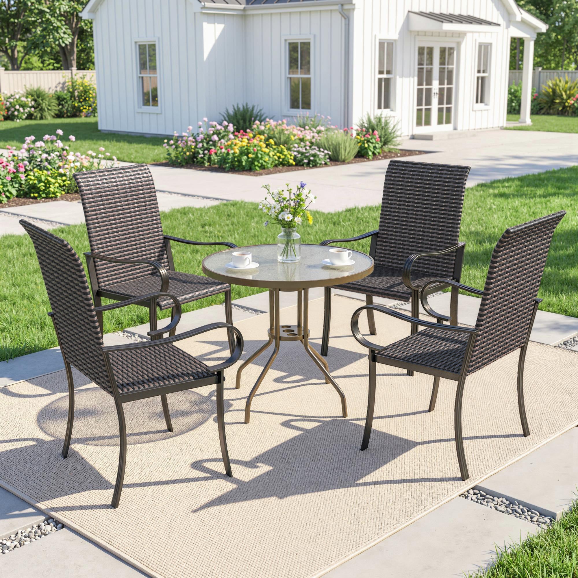 Set of 4 Outdoor Wicker Dining Chairs with Armrest, Steel Frame, Highback and Deep Seating, Brown