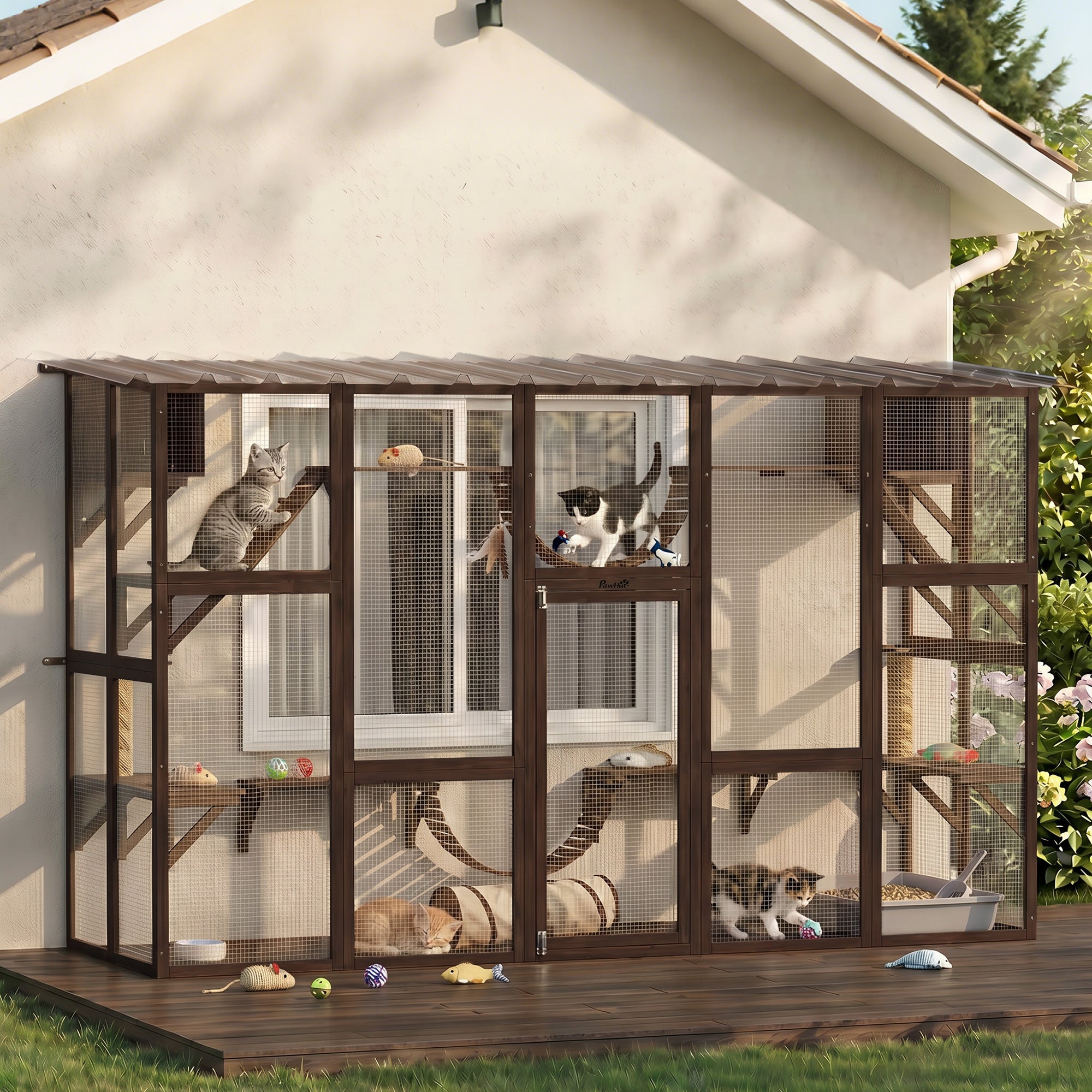 Catio Playground Cat Window Box Outside Enclosure for Multiple Cats w/ Shelves & Bridges, Coffee Brown