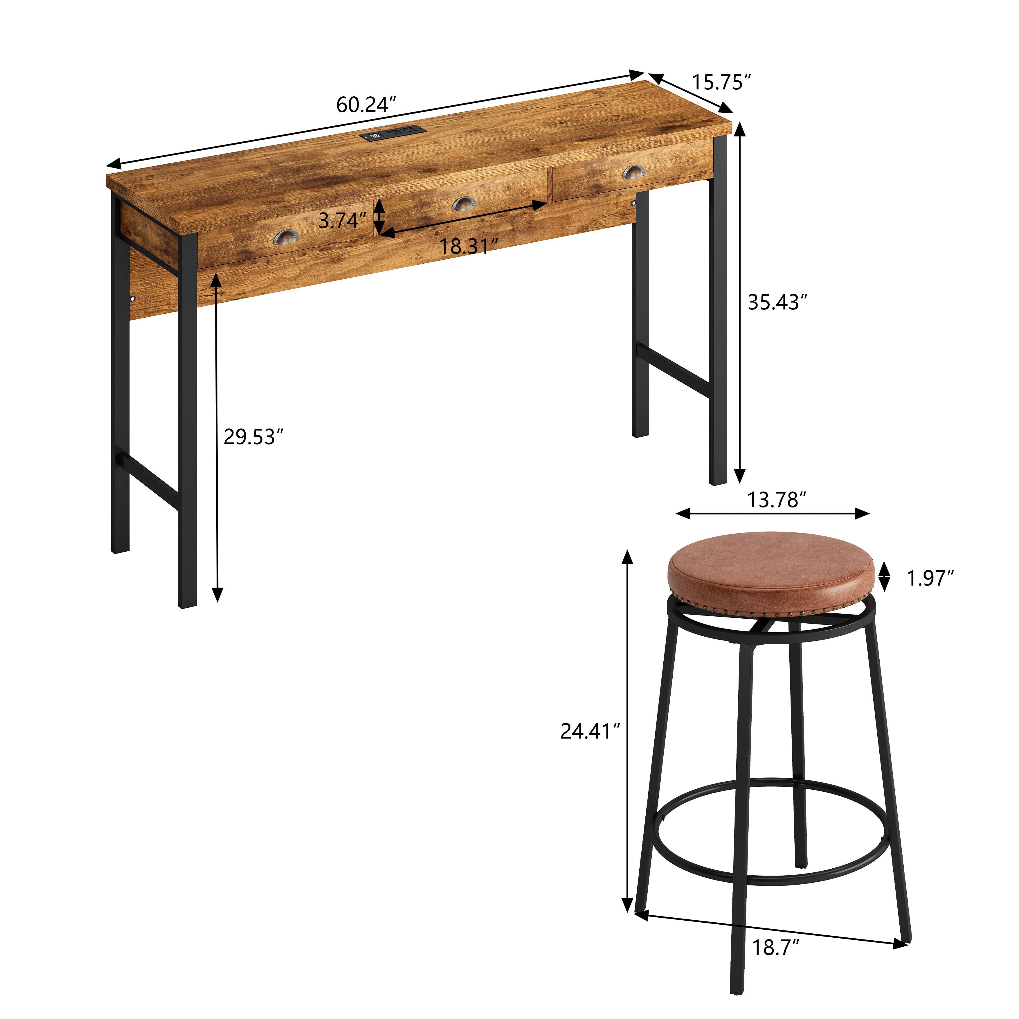 3-Drawer Long Dining Table Set with Power Outlets, Circular PU Stools, Easy Assembly, 60.24"x15.75"x35.43", Brown