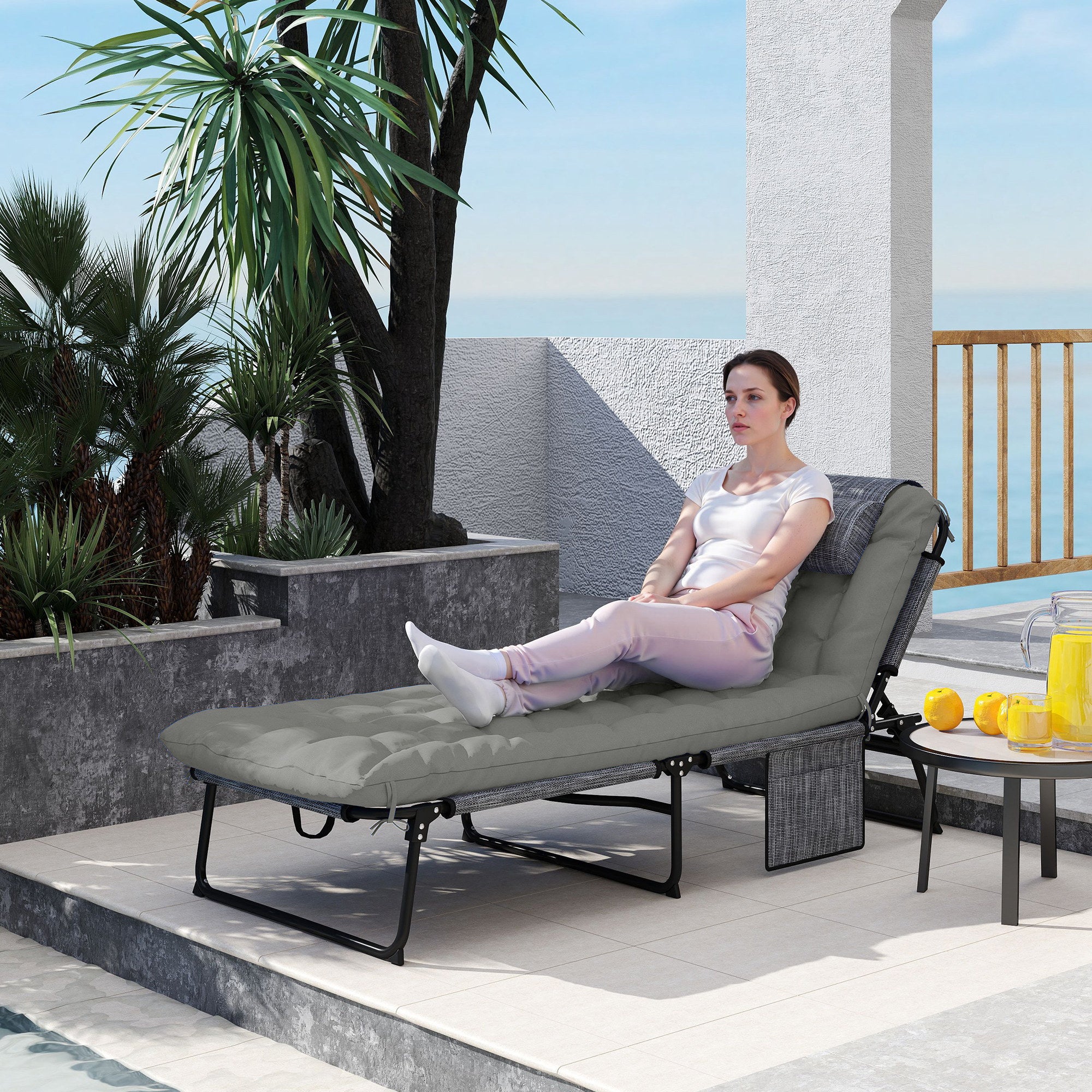 Folding Chaise Lounge Pool Chair with 4-level Reclining Back, Cushion, Side Pocket, Headrest, Gray