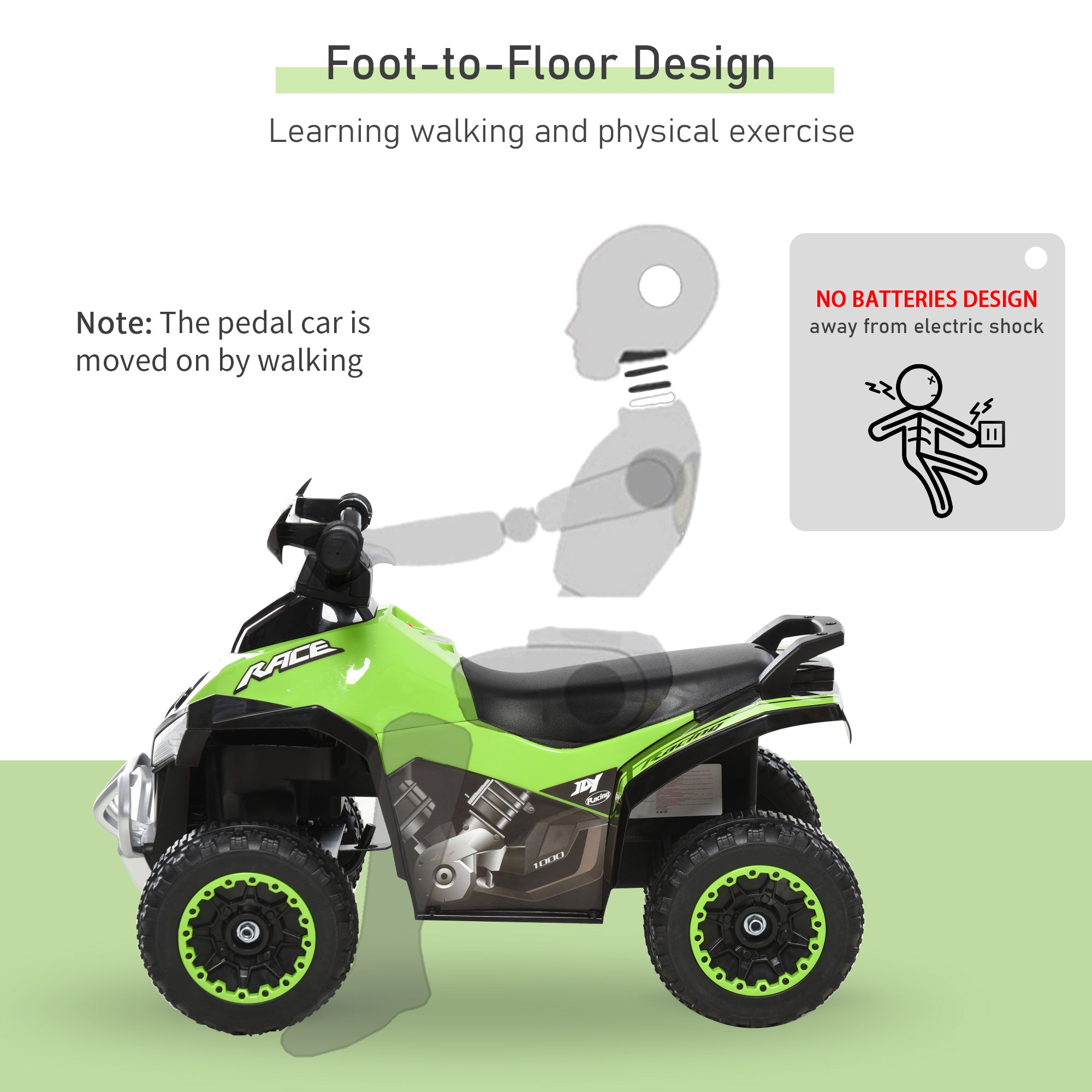 NO Power Kids Ride On Push Car, w/ Music, Lights for 1.5-3, Green