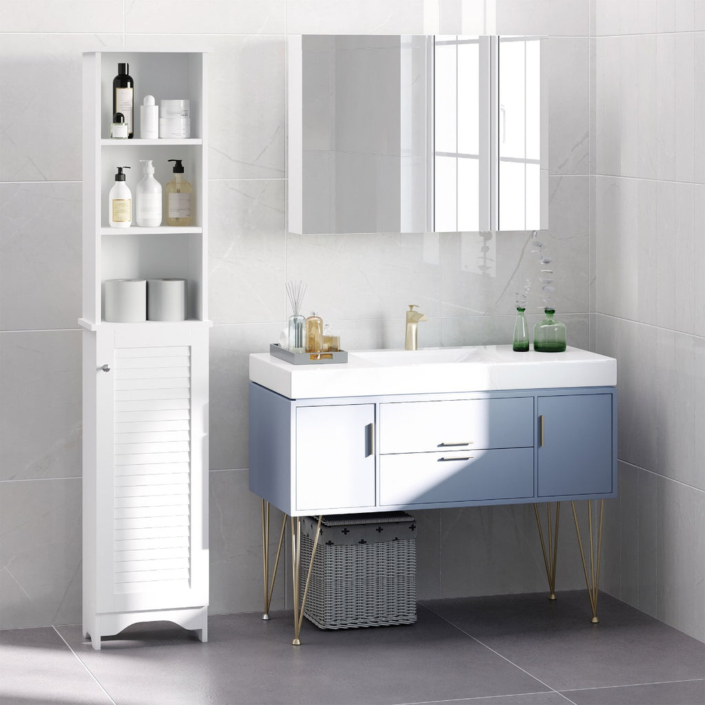 Tall Bathroom Storage Cabinet/Freestanding Linen Tower with 3-Tier Open Adjustable Shelf and Cupboard, White