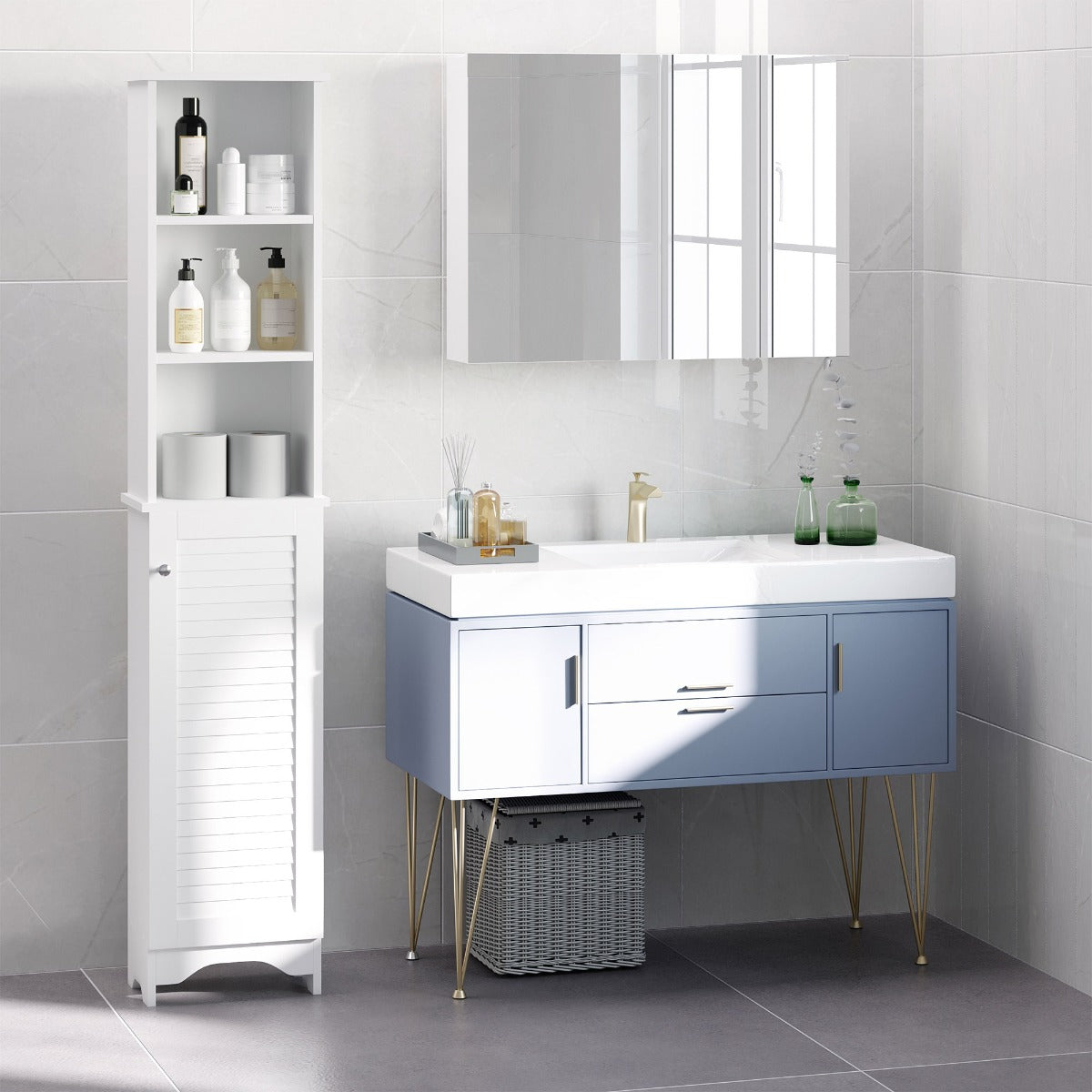 Tall Bathroom Storage Cabinet/Freestanding Linen Tower with 3-Tier Open Adjustable Shelf and Cupboard, White