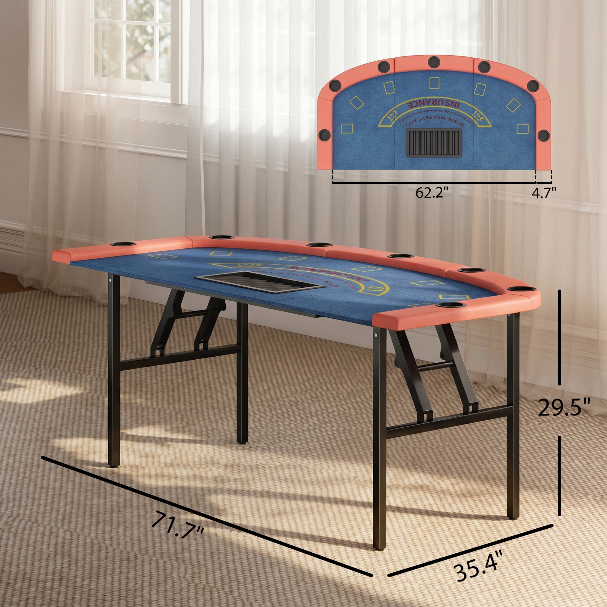 Poker Table Foldable, 72" Portable Casino Blackjack Table for 8 Players with Felt Surface, Cup Holders, Blue