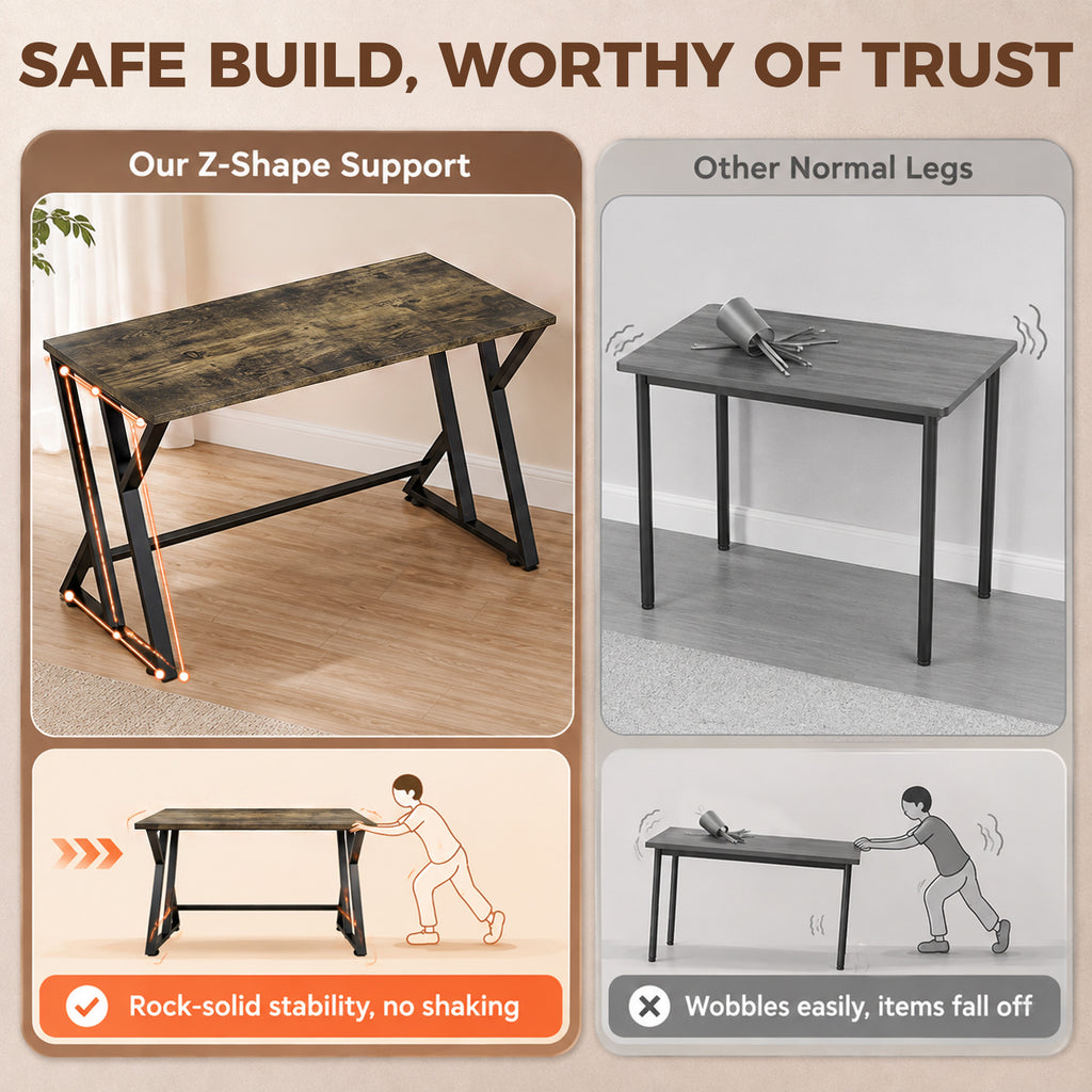 55 Inch Computer Desk, Industrial Writing Desk with Z-Shaped Metal Leg, Study Table for Home Office, Rustic Brown