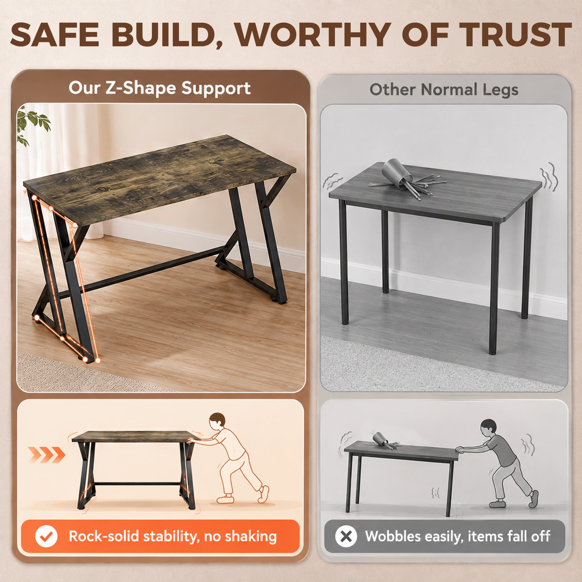 55 Inch Computer Desk, Industrial Writing Desk with Z-Shaped Metal Leg, Study Table for Home Office, Rustic Brown