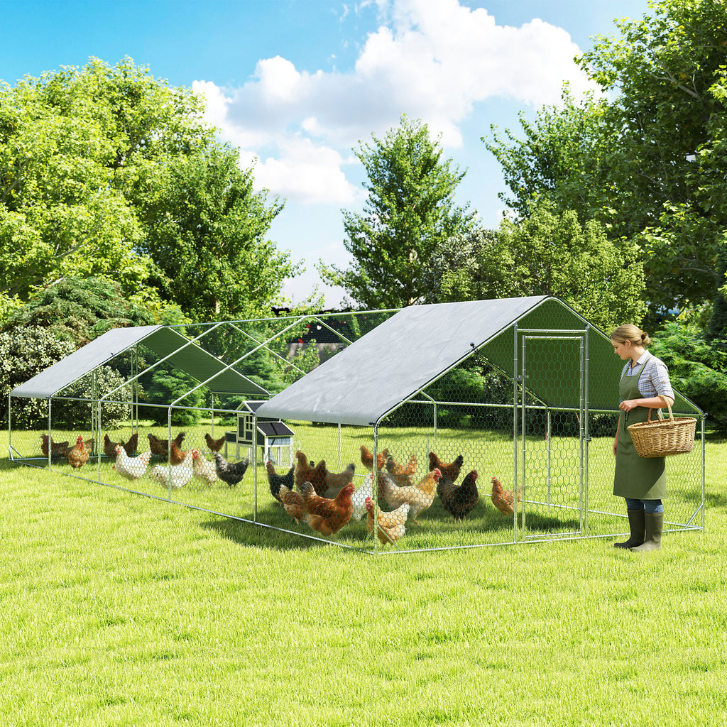 Large Chicken Coop with Waterproof and Anti-UV Cover, Spire Shaped for Outdoor and Yard Farm Use, 33' x 10' x 6.4'