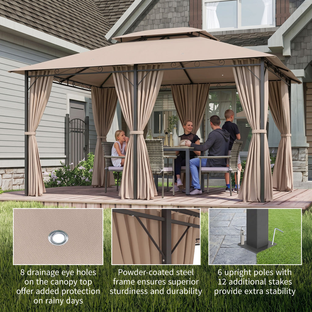 10' x 13' Patio Gazebo, Outdoor Gazebo Canopy Shelter with Curtains, Vented Roof, Steel Frame for Garden, Lawn, Backyard and Deck, Khaki