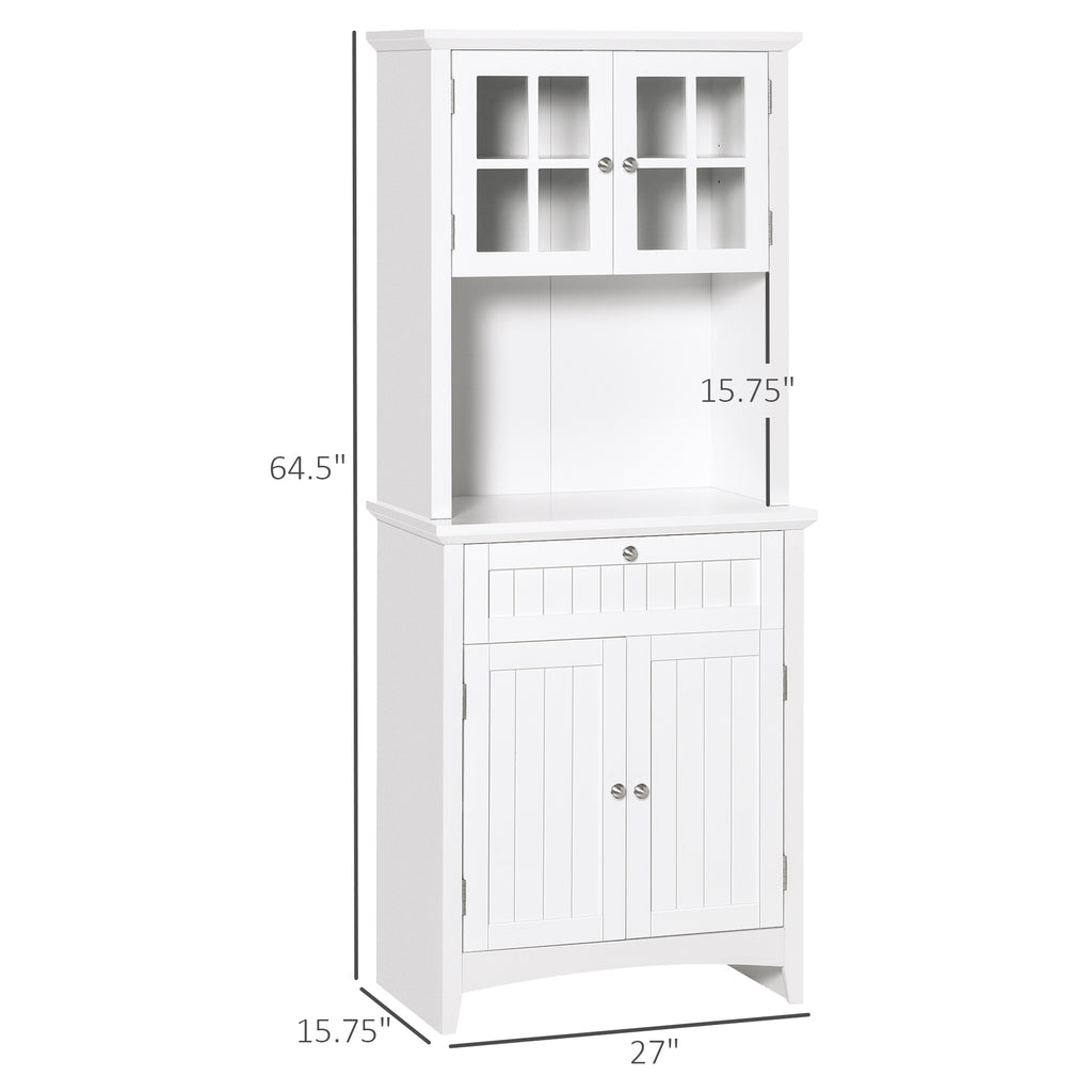 Kitchen Buffet Hutch Cabinet, Freestanding Kitchen Pantry Storage Cabinet Cupboard with Framed Glass Door, Drawer and Microwave Space, White