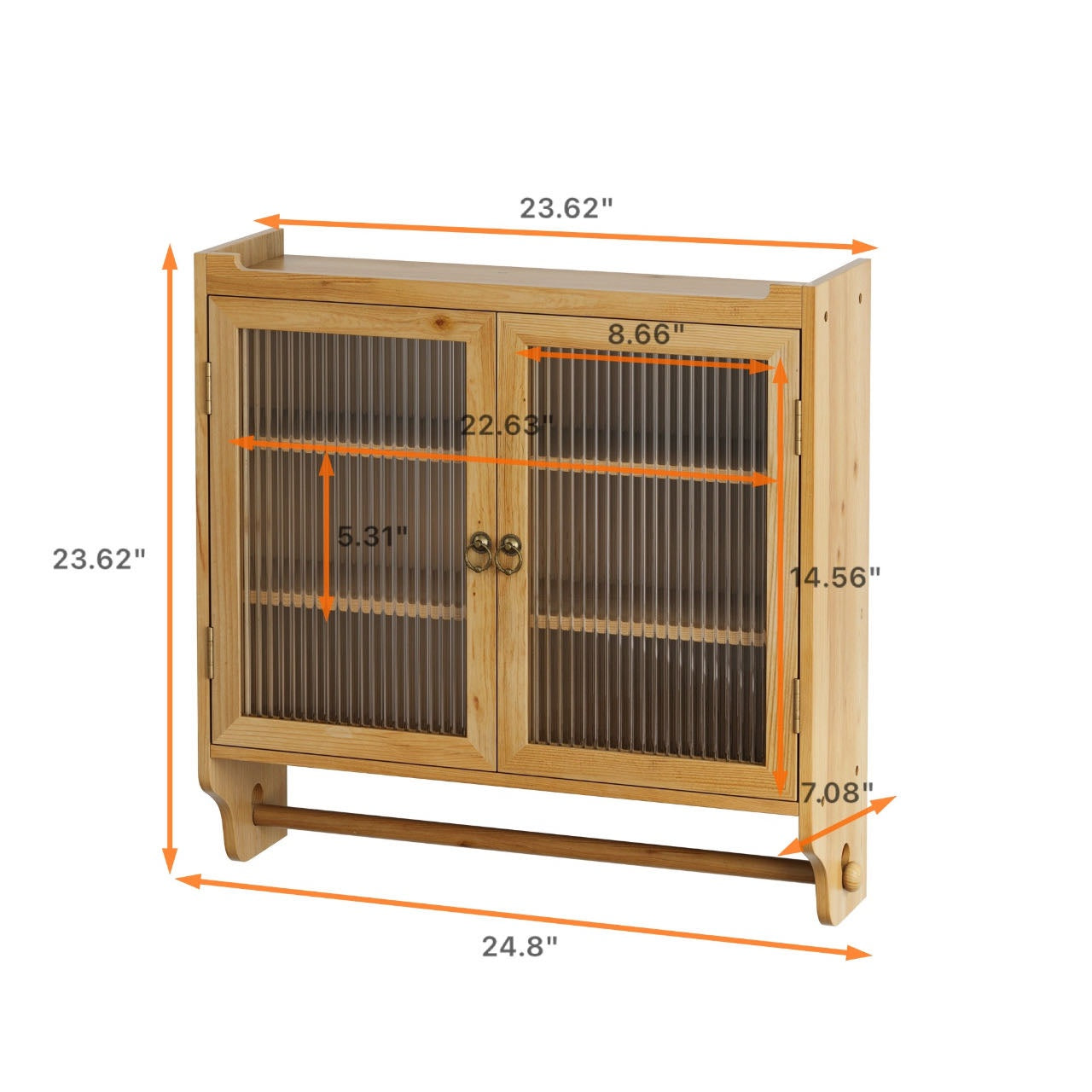 Vintage Double Door Wall Cabinet with Glass Doors, Three Tiers of Storage, and Towel Rack for Bathroom, Kitchen, Dining Room, 24.8", Natural