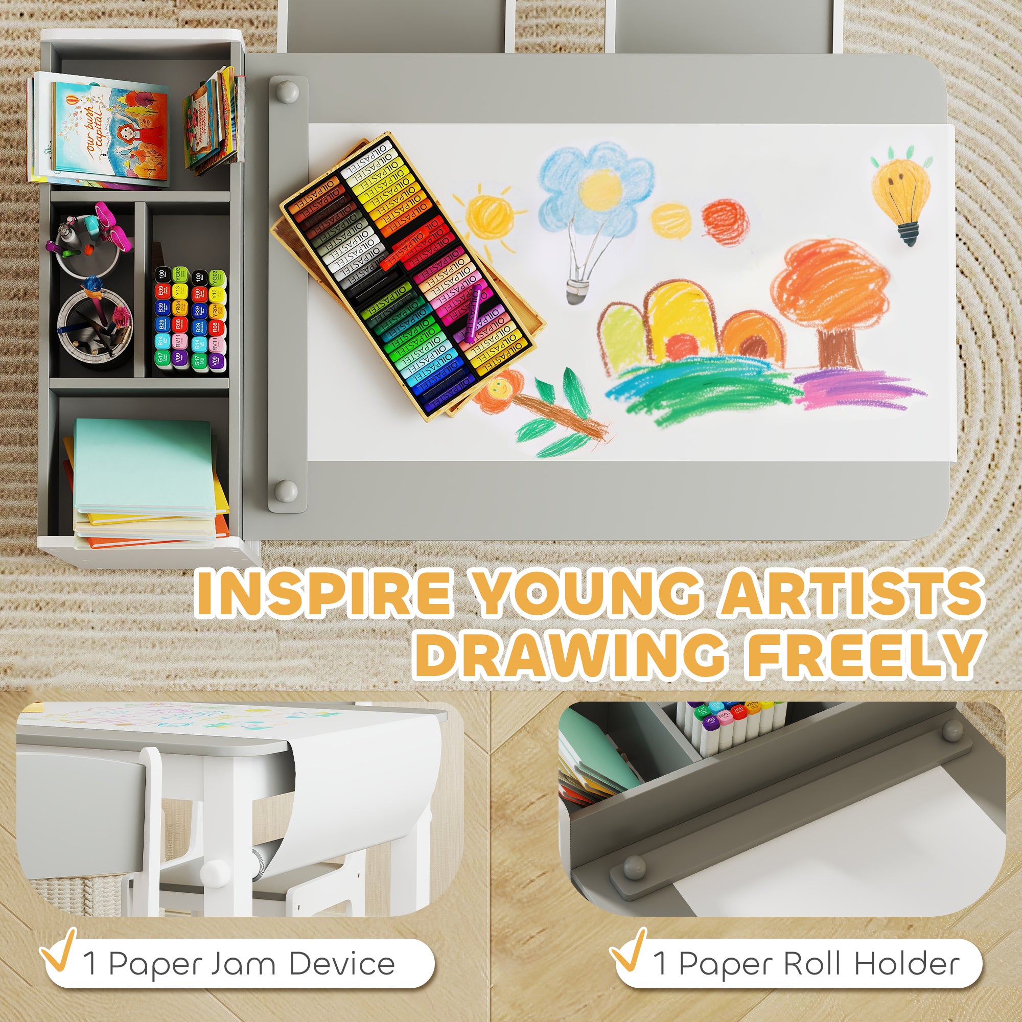 Kids Desk and Chair Set with Paper Roll, Kids Activity Craft Table with Storage Shelves and Drawers, Gray