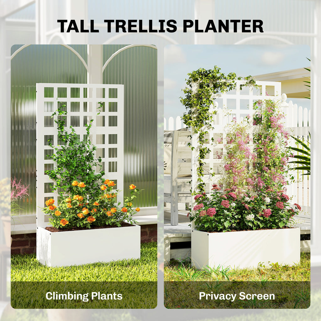 Galvanized Raised Garden Bed Planter Box with Trellis for Climbing Plants, Vegetable, Vines, 24" x 9" x 44.5", White