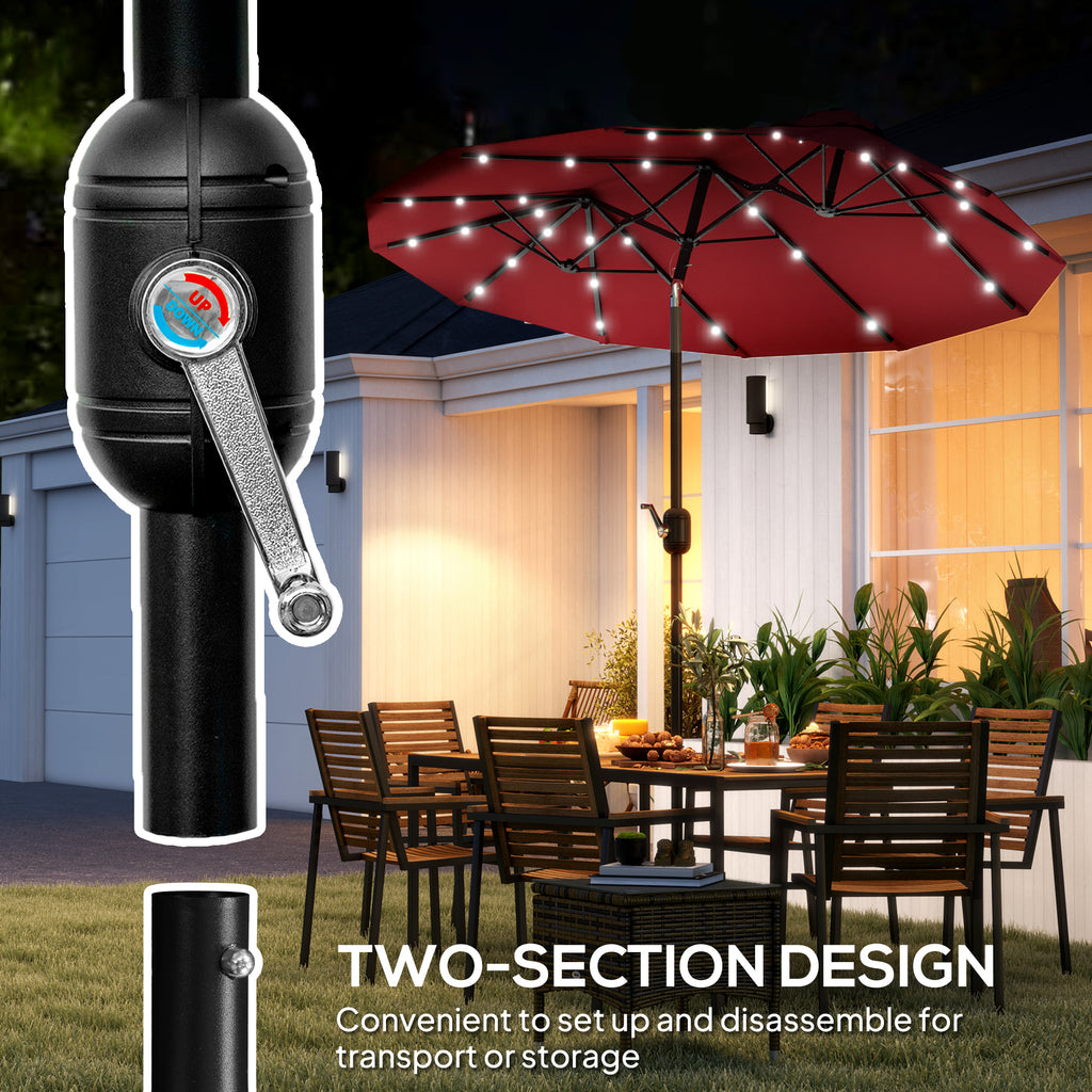 Double-sided Patio Umbrella, 9.7' Outdoor Umbrella with Tilt and Crank, LED Solar Light and 12 Ribs, Wine Red