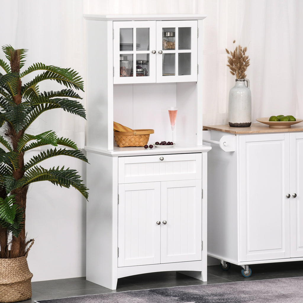 Kitchen Buffet Hutch Cabinet, Freestanding Kitchen Pantry Storage Cabinet Cupboard with Framed Glass Door, Drawer and Microwave Space, White