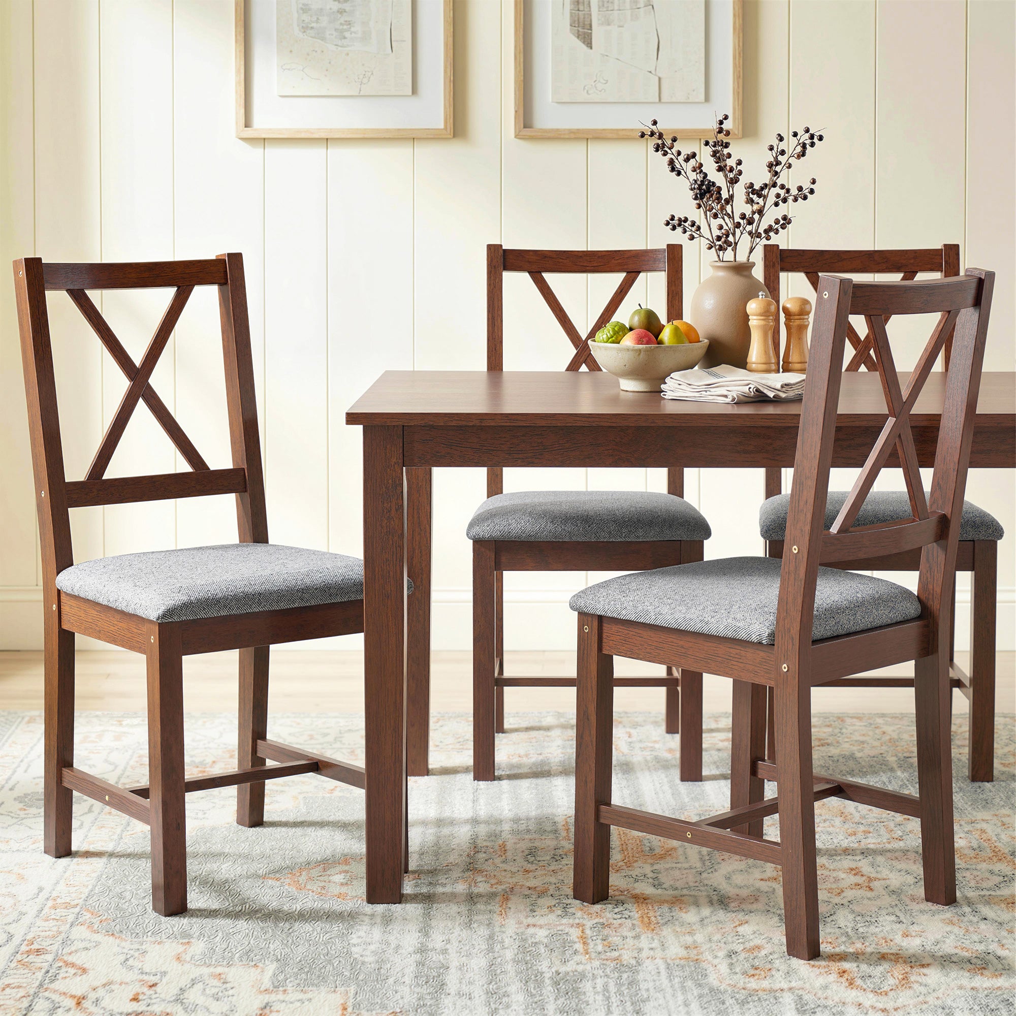 Set of 4 Dining Chairs, Upholstered X-Back Dining Room Chairs with Rubberwood Legs and Padded Seat for Kitchen, Walnut